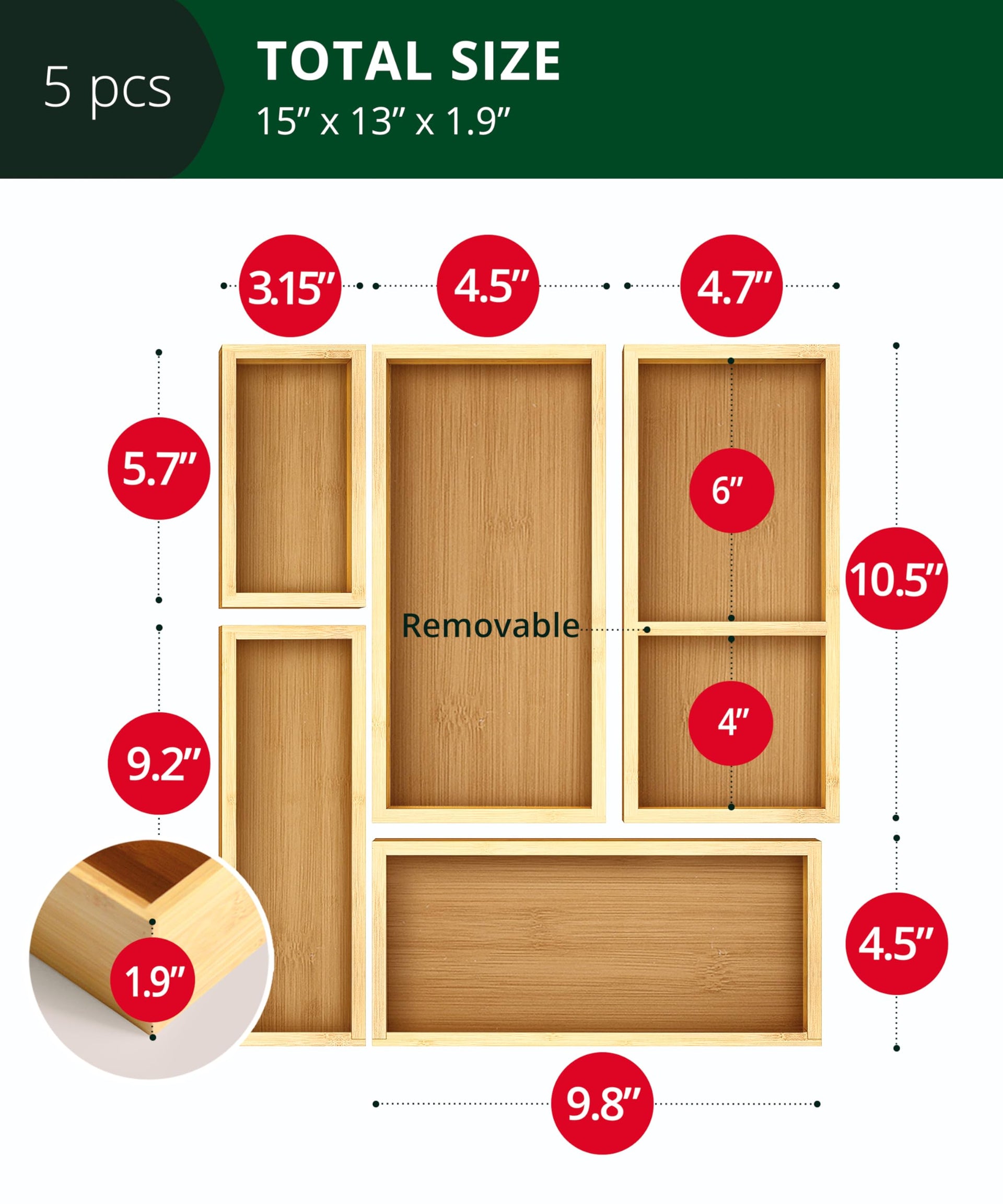 5 Piece Bamboo Drawer Organizer Set (5 Count)