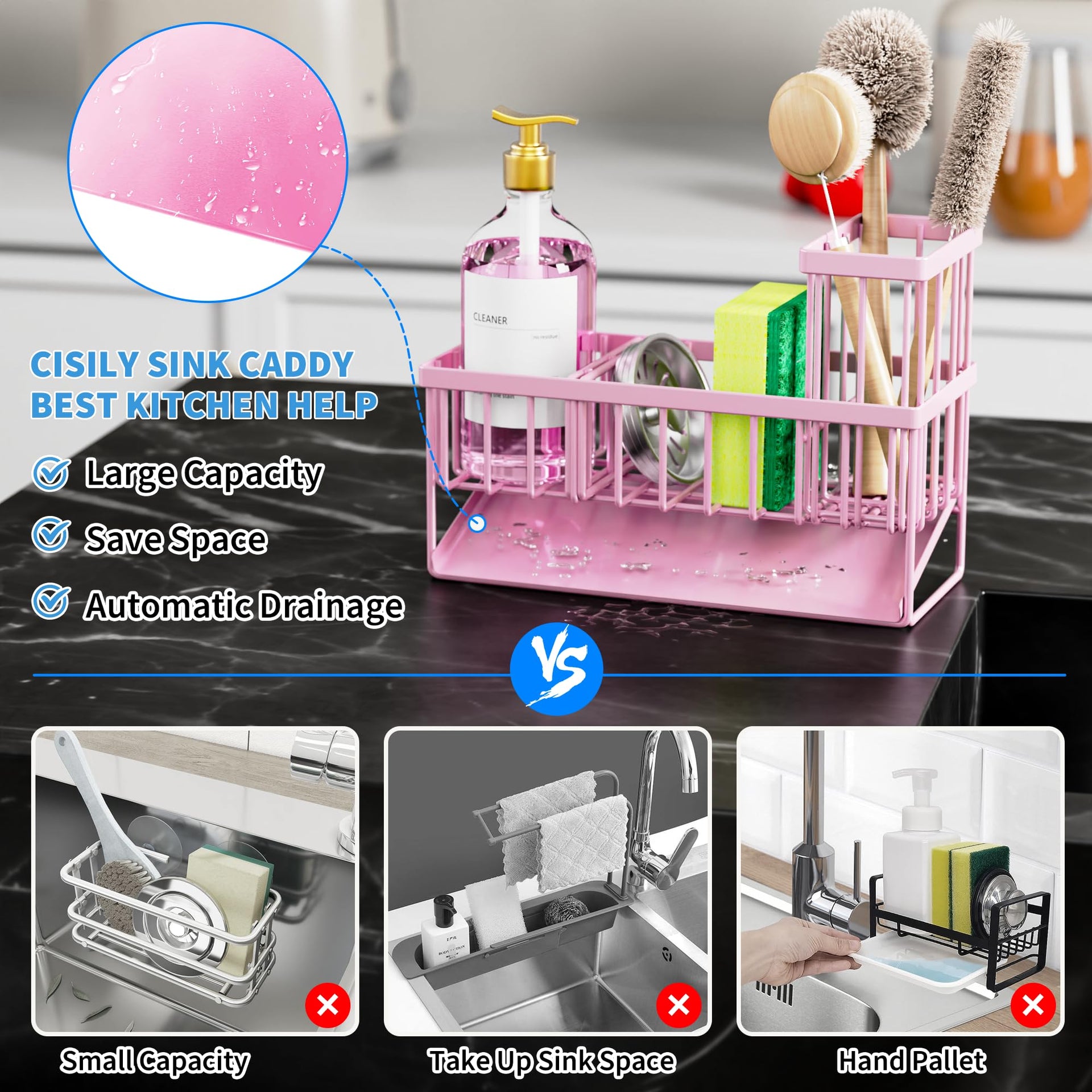 Pink Kitchen Sink Caddy Organzier with High Brush Holder