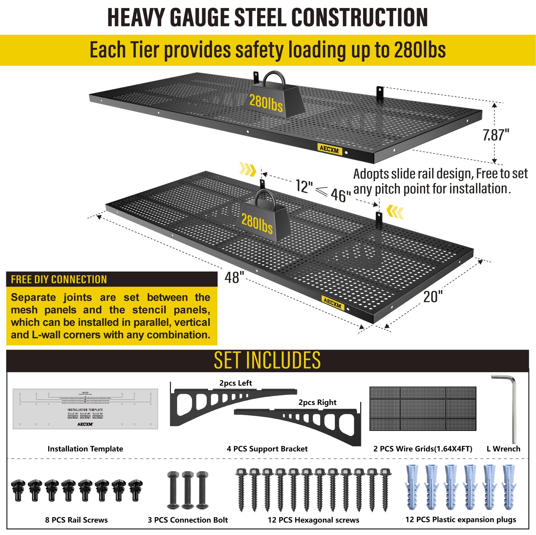 2 Pack 1.64x4ft Adjustable Garage Wall Shelving 560lbs Load Capacity Heavy Duty Wall Mounted Storage Shelf Metal Floating Shelves for Garage (2 Count)