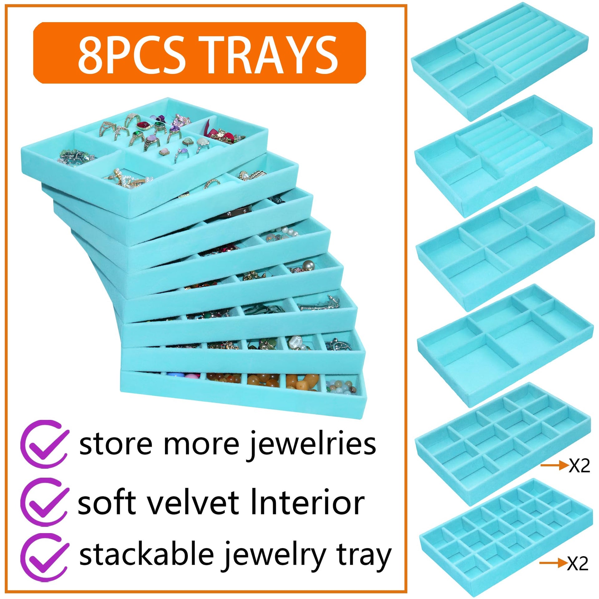 8 Pcs Velvet Jewelry Tray Stackable Jewelry Drawers Organizer Trays Rings Earrings Bracelet Organizer (8 Count)