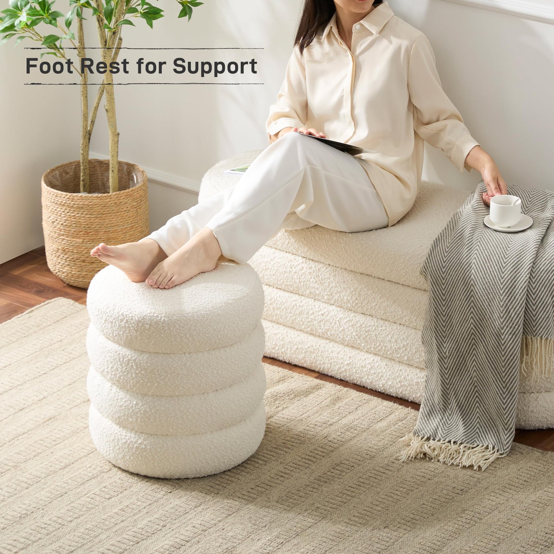 Round Ottoman with Storage Boucle Ottoman