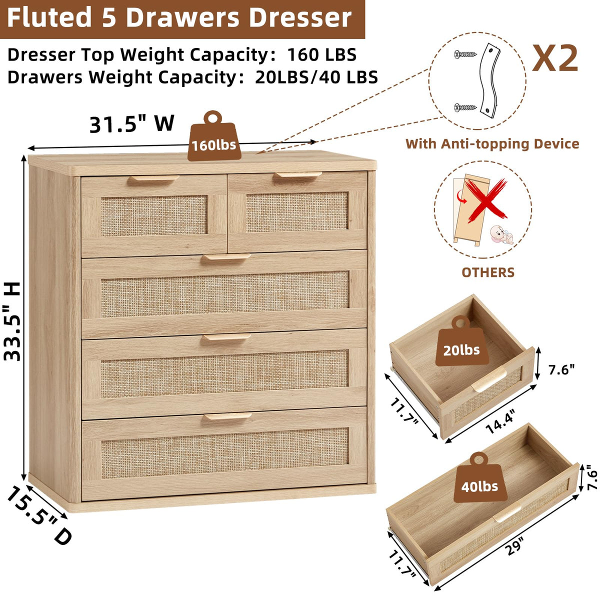 Rattan Dresser Set 2 for Bedroom