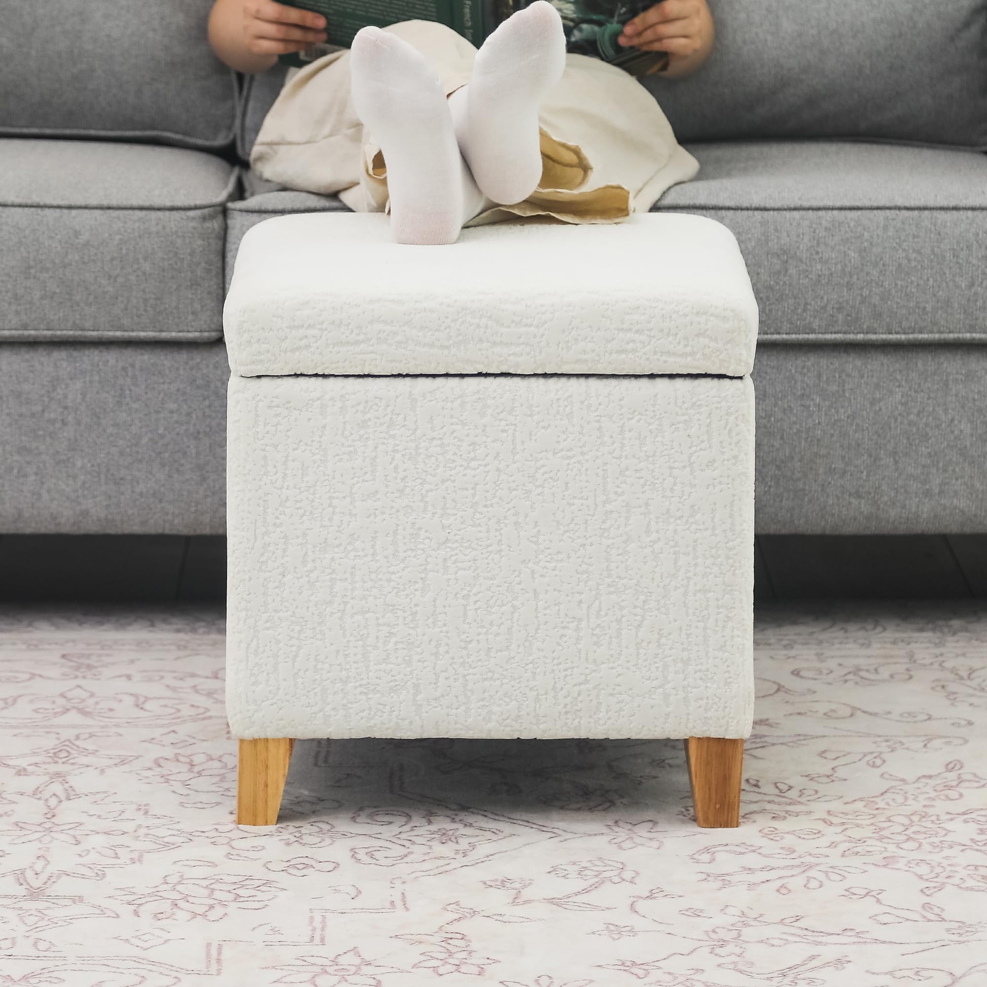 18 Inch High Faux Fur White Cube Ottoman Storage