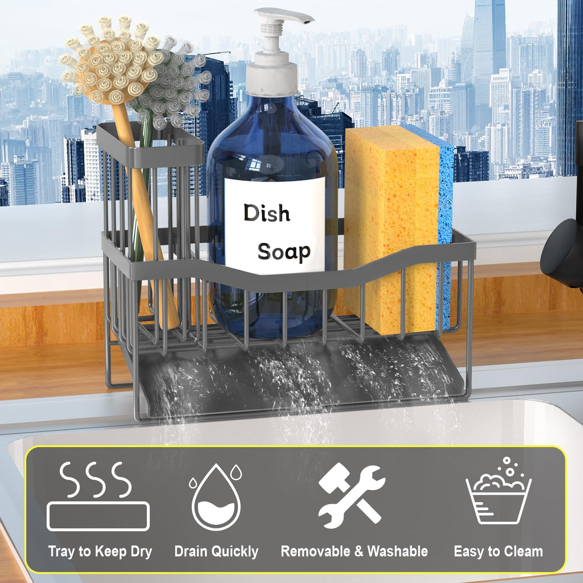 Maifan Sink Caddy Sponge Holder for Kitchen with Brush Holder and Stainless Steel Self Drain Tray