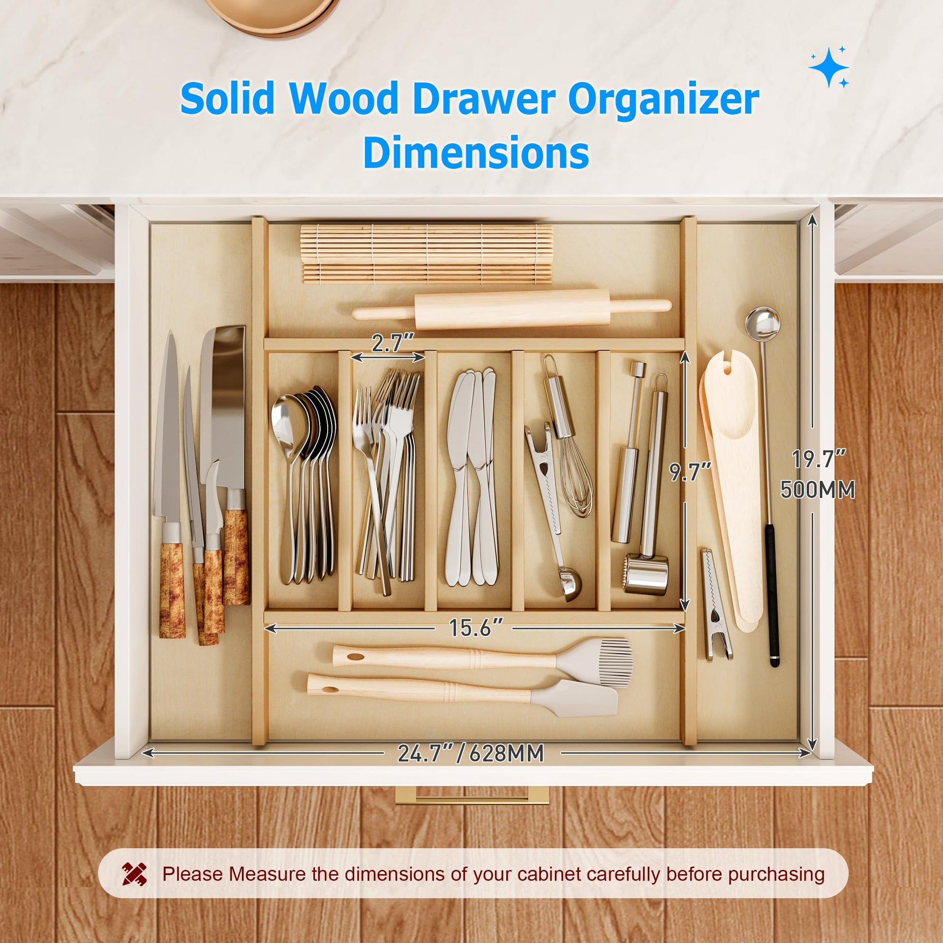 Premium Wooden Silverware Organizer for Kitchen Drawers