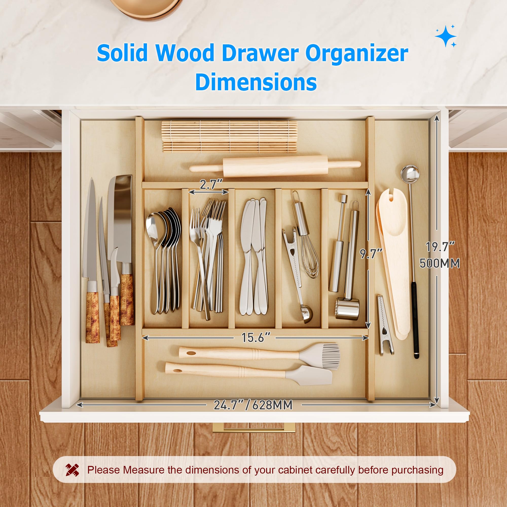 Premium Wooden Silverware Organizer for Kitchen Drawers