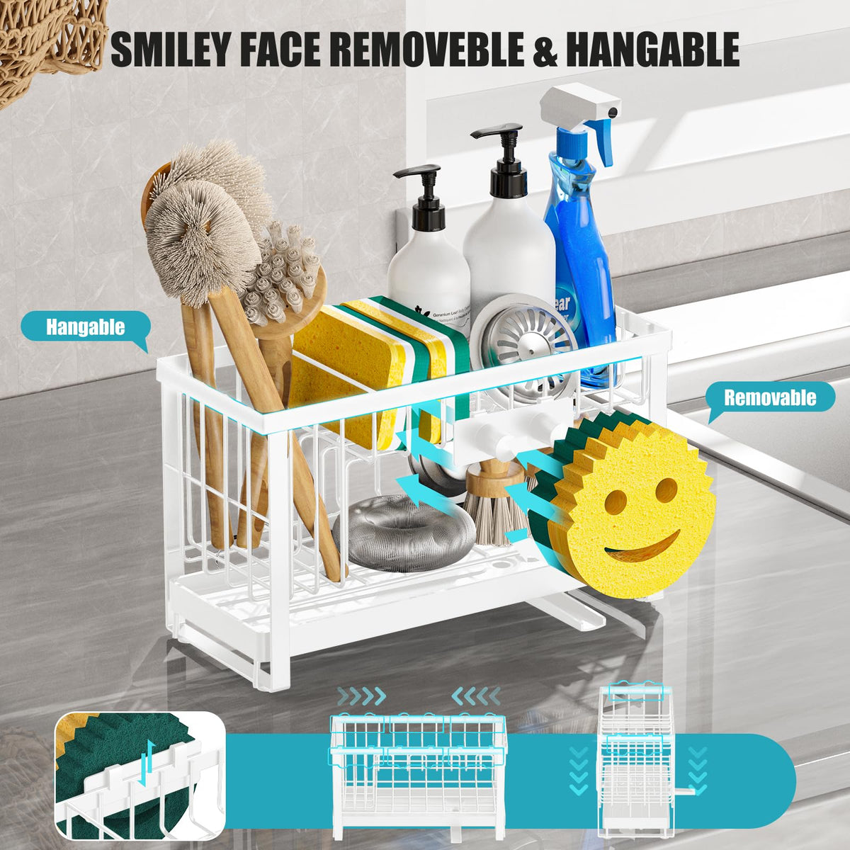 Sponge Holder for Kitchen Sink with Flexible Smiley Face