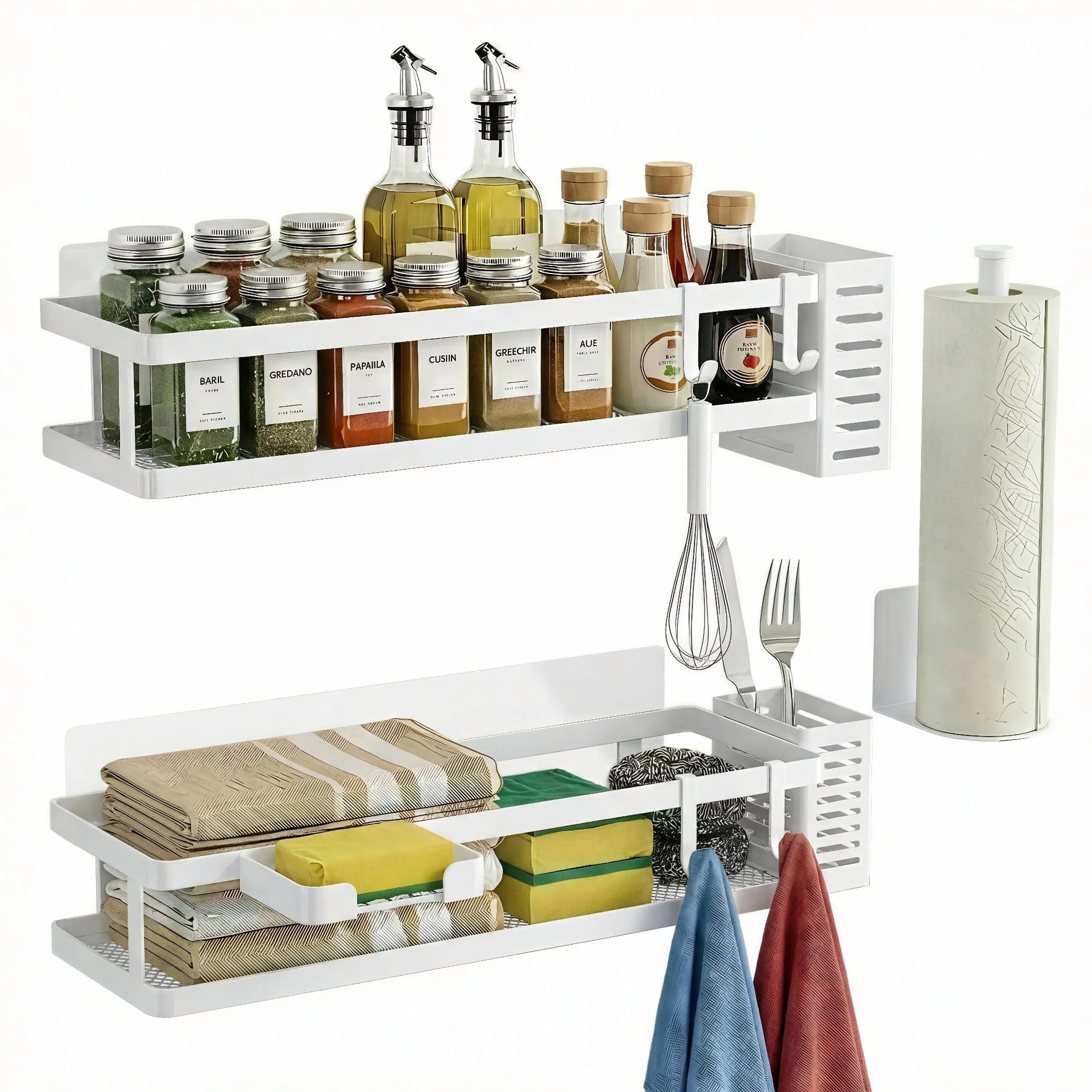 5-in-1 16.5" Extra Long Kitchen Organizer & Shower Caddy Set, Wall Mount Spice Rack with Paper Towel Holder, Utensil Holder & Soap Dish, Rustproof Mesh - White, Guardrail