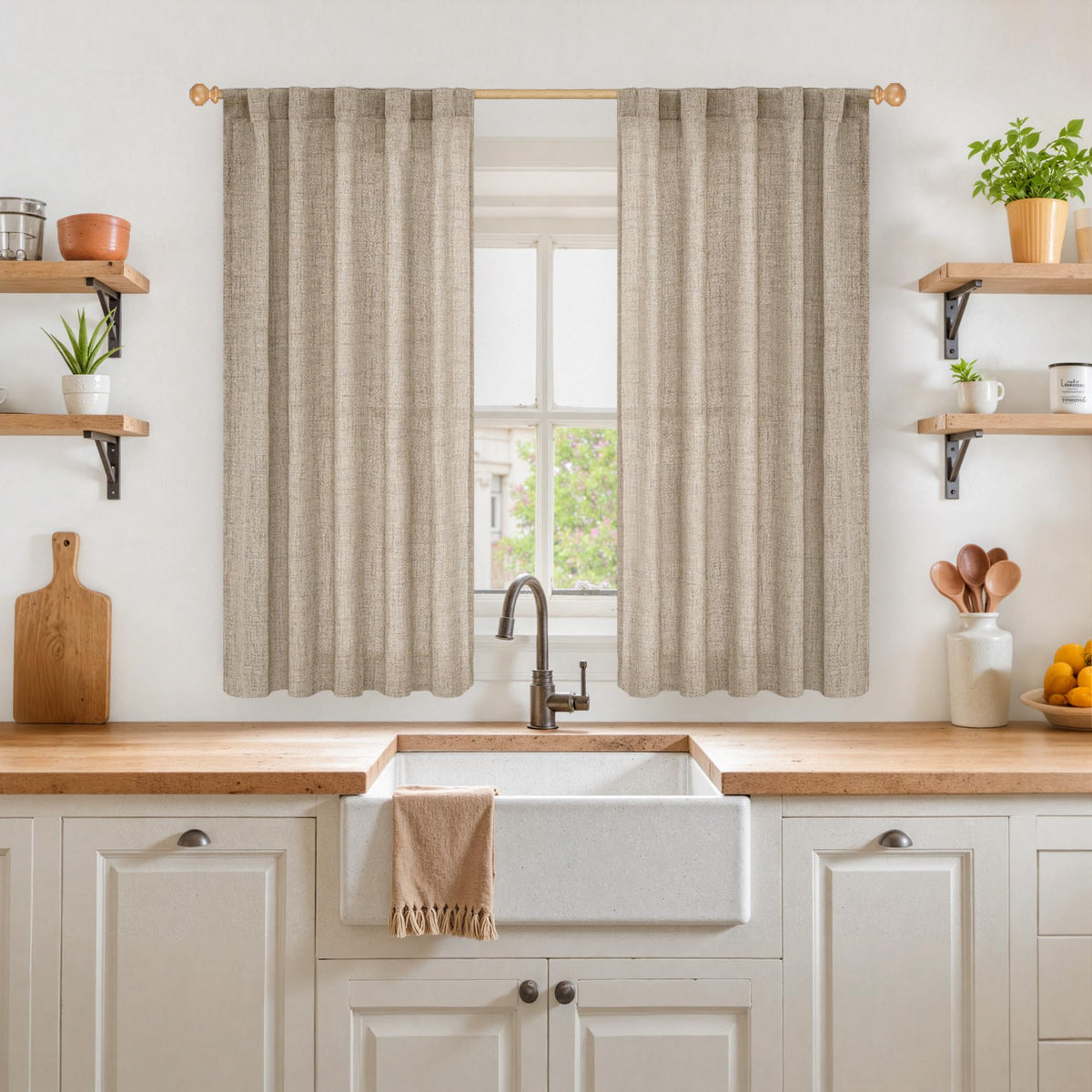 Dark Oatmeal Linen Curtains 45 Inch Length for Short Window (2 Count)