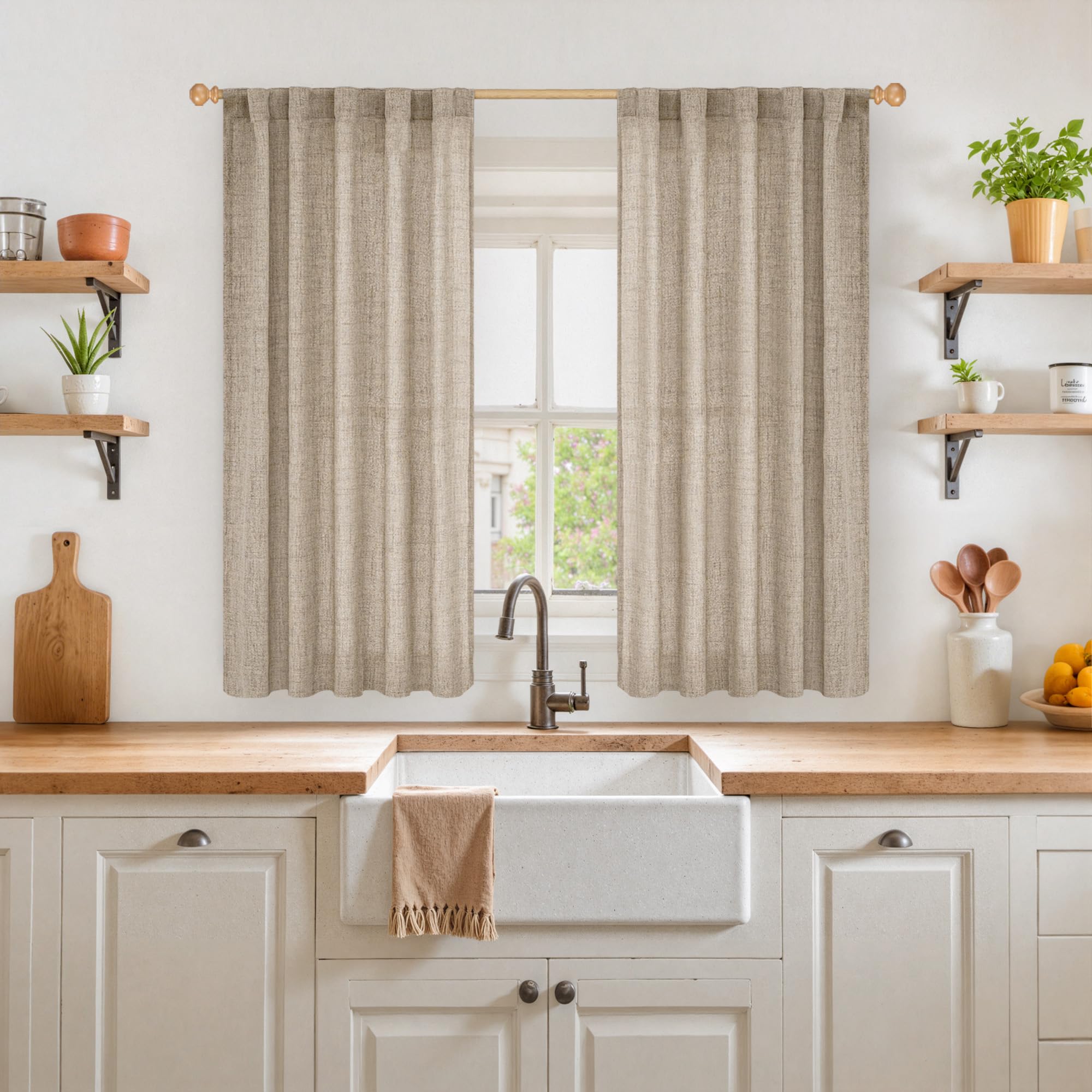 Dark Oatmeal Linen Curtains 45 Inch Length for Short Window (2 Count)