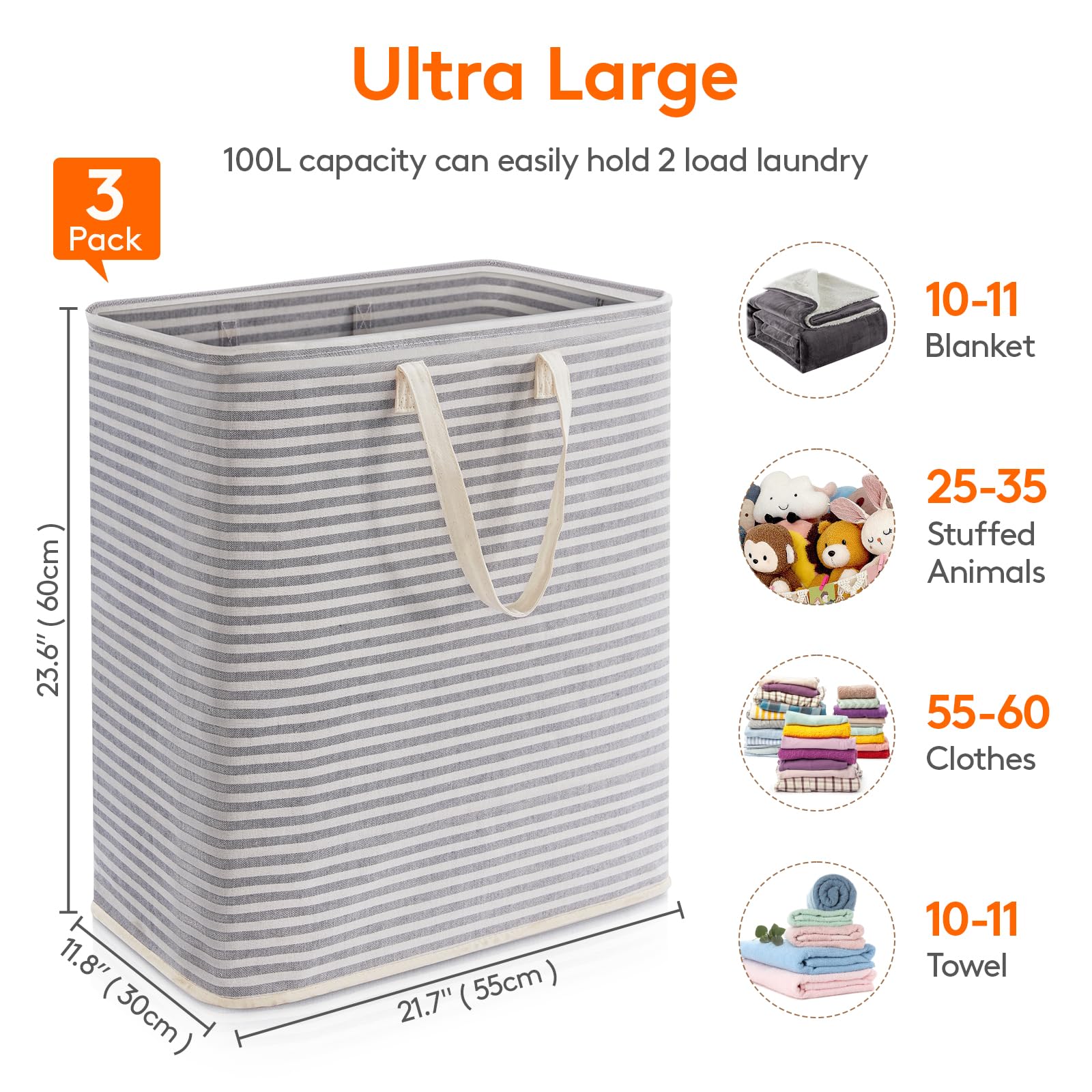 3 Pack Laundry Basket 100L Each (3 Count)