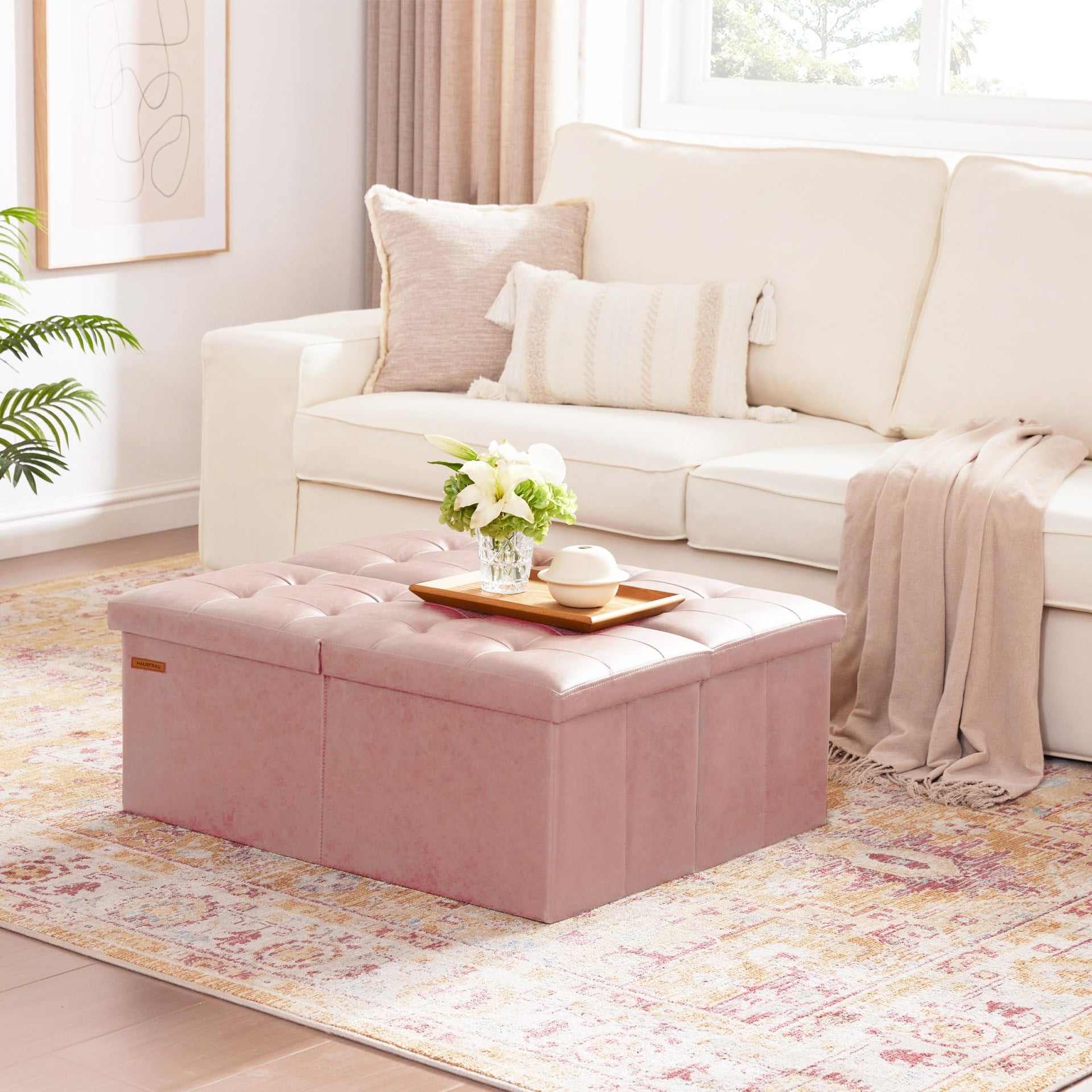 Ottoman with Storage Bench Folding Foot Rest Baby Pale Pink