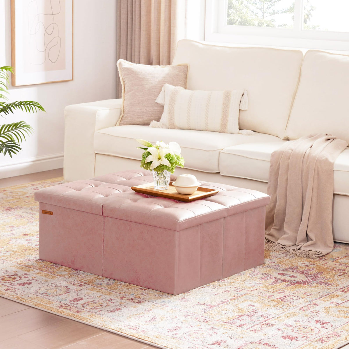Ottoman with Storage Bench Folding Foot Rest Baby Pale Pink