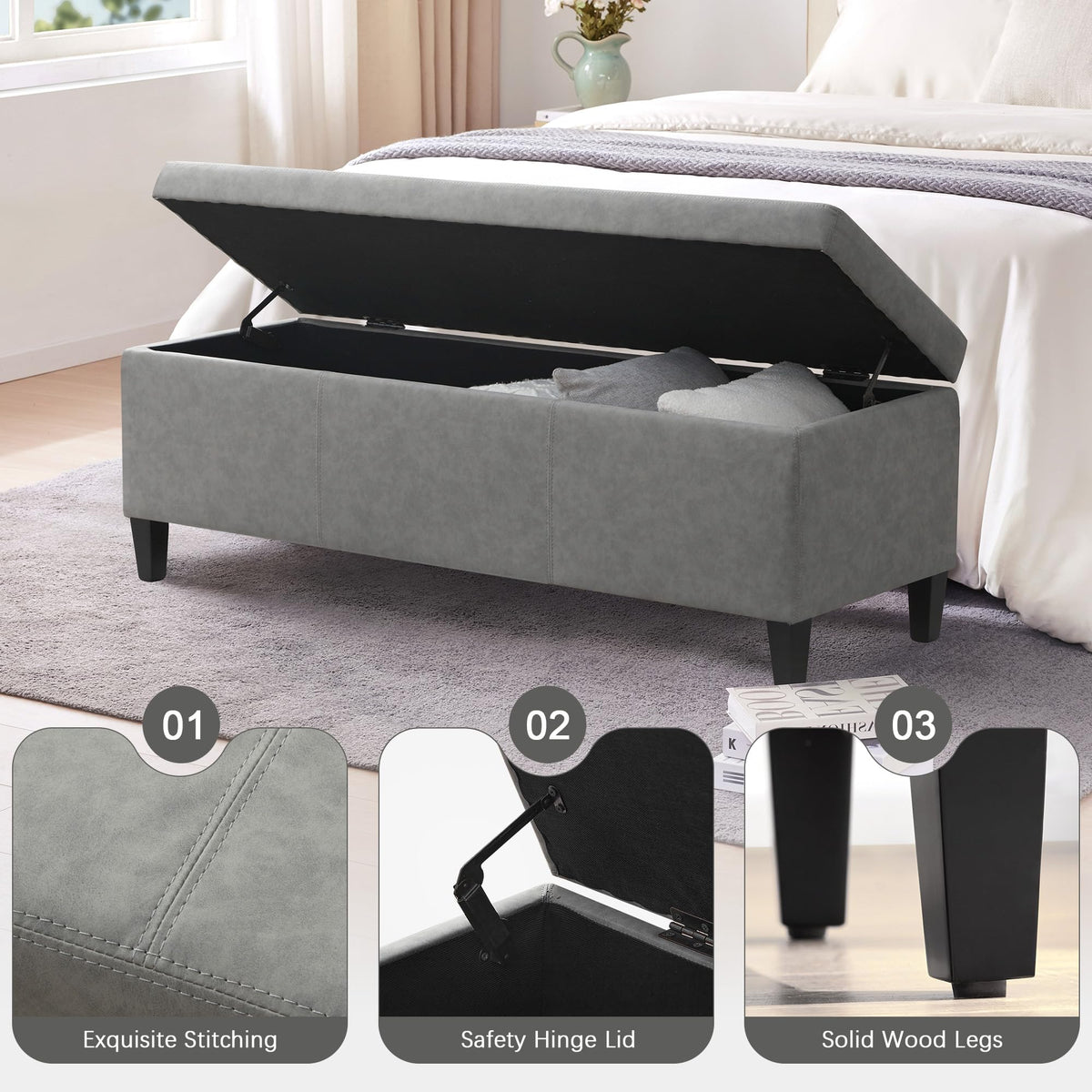 Storage Ottoman Bench 50.3" Faux Leather Upholstered End of Bed Bench