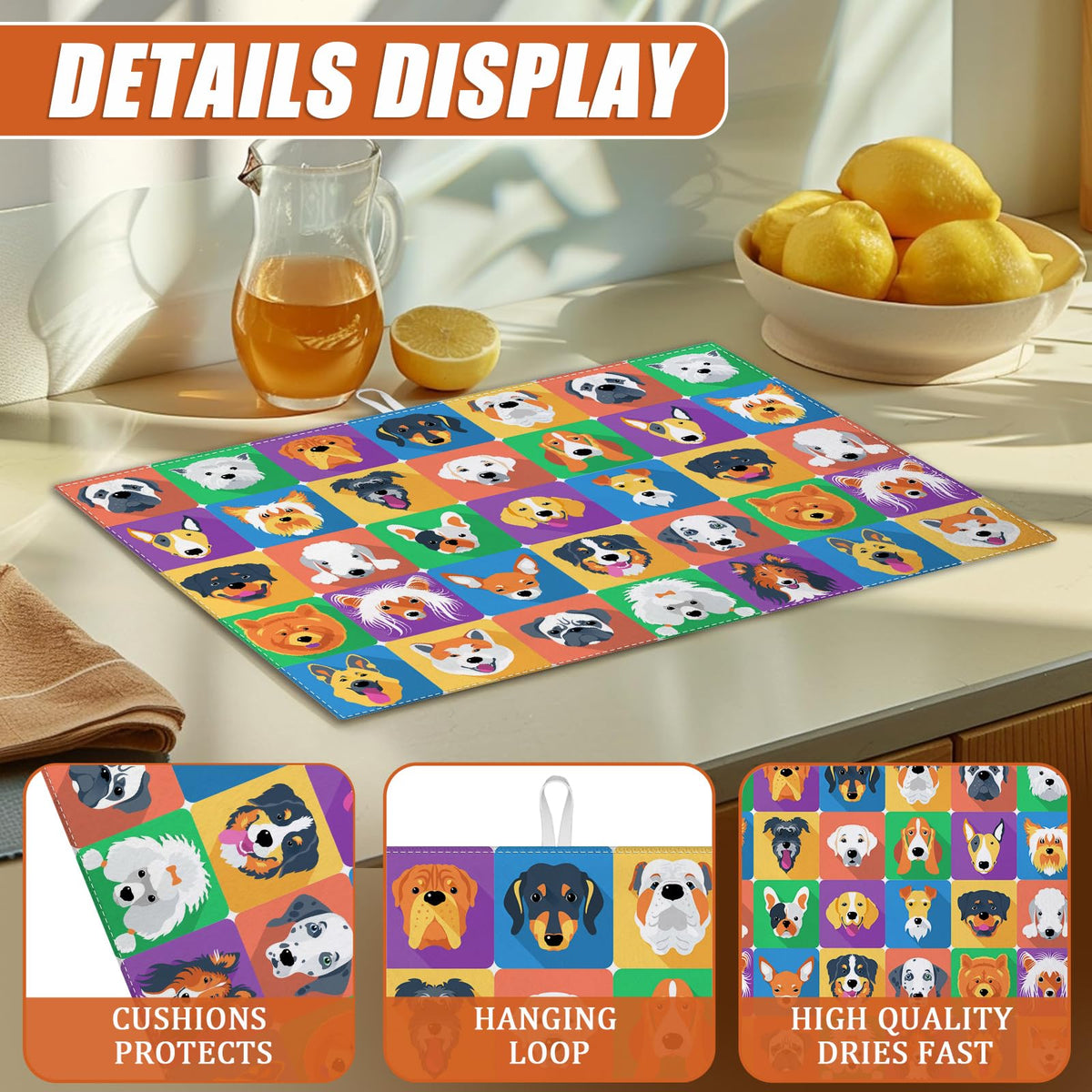 Cute Dogs Dish Drying Mat for Kitchen Counter Microfiber Absorbent Dish Kitchen Drying Mat Draining Reusable Washable for Dishes