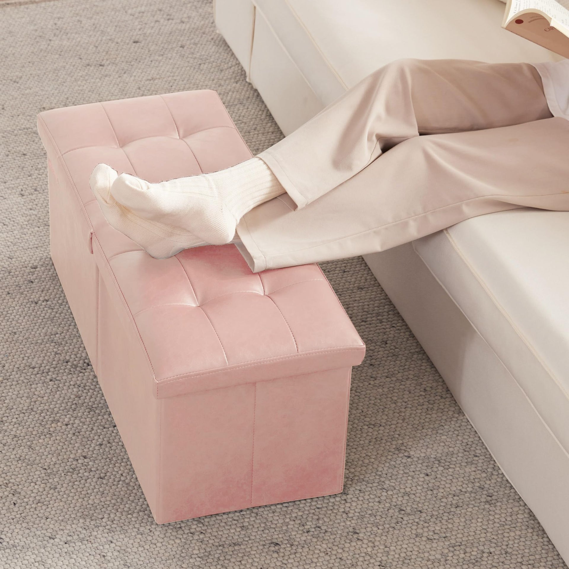 Ottoman with Storage Bench Folding Foot Rest Baby Pale Pink