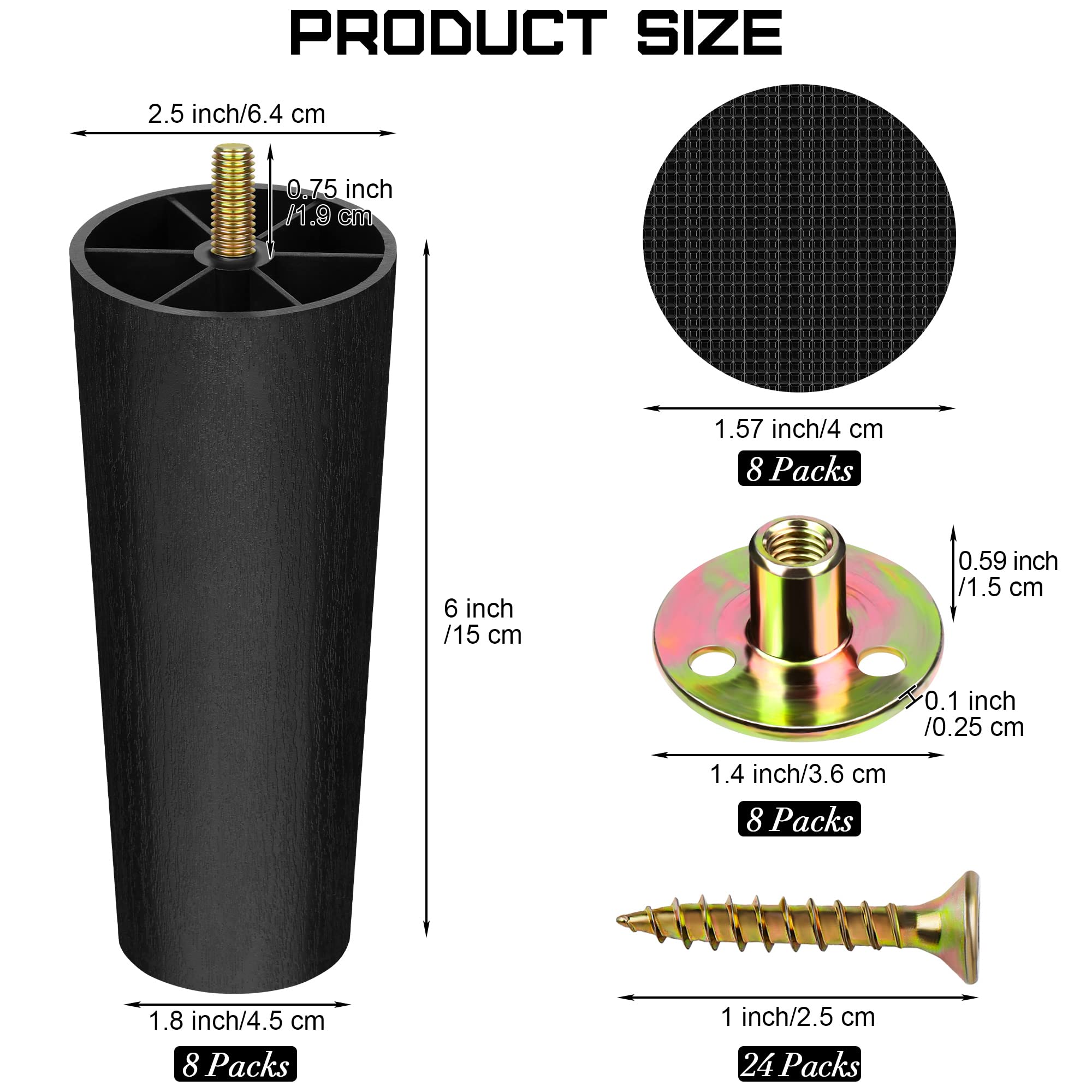 8 Pack 6 Inch Plastic Furniture Legs with M8 T (8 Count)