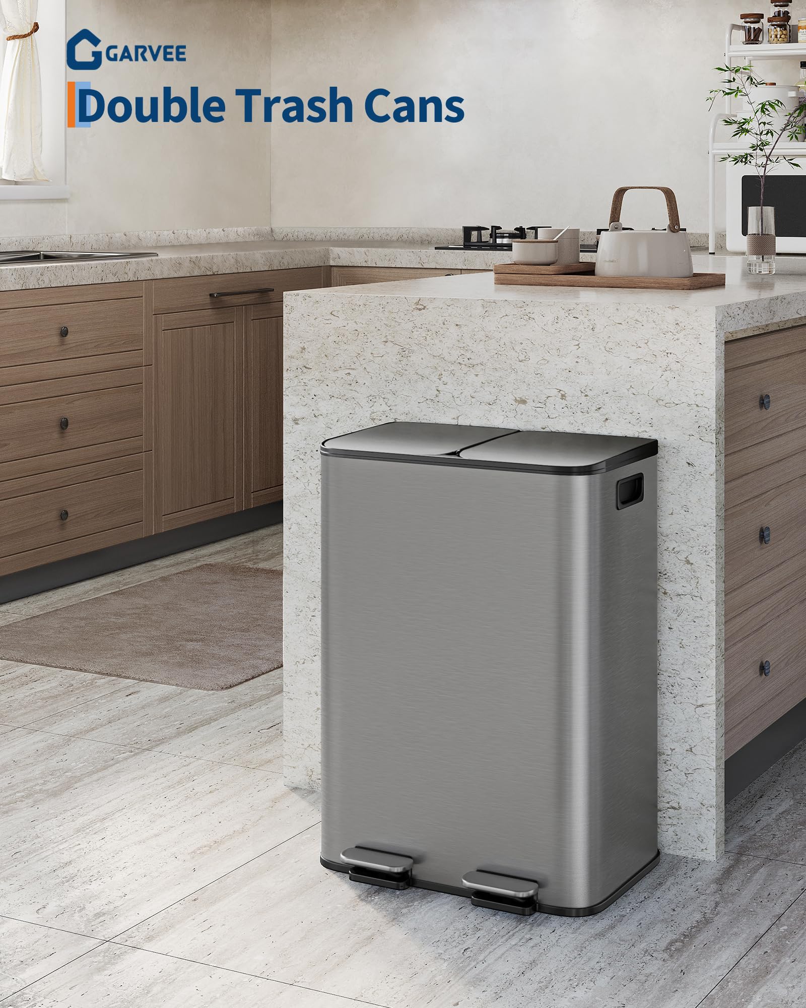 2 x 8 gal Stainless Steel Double Trash Can with Lid for Kitchen