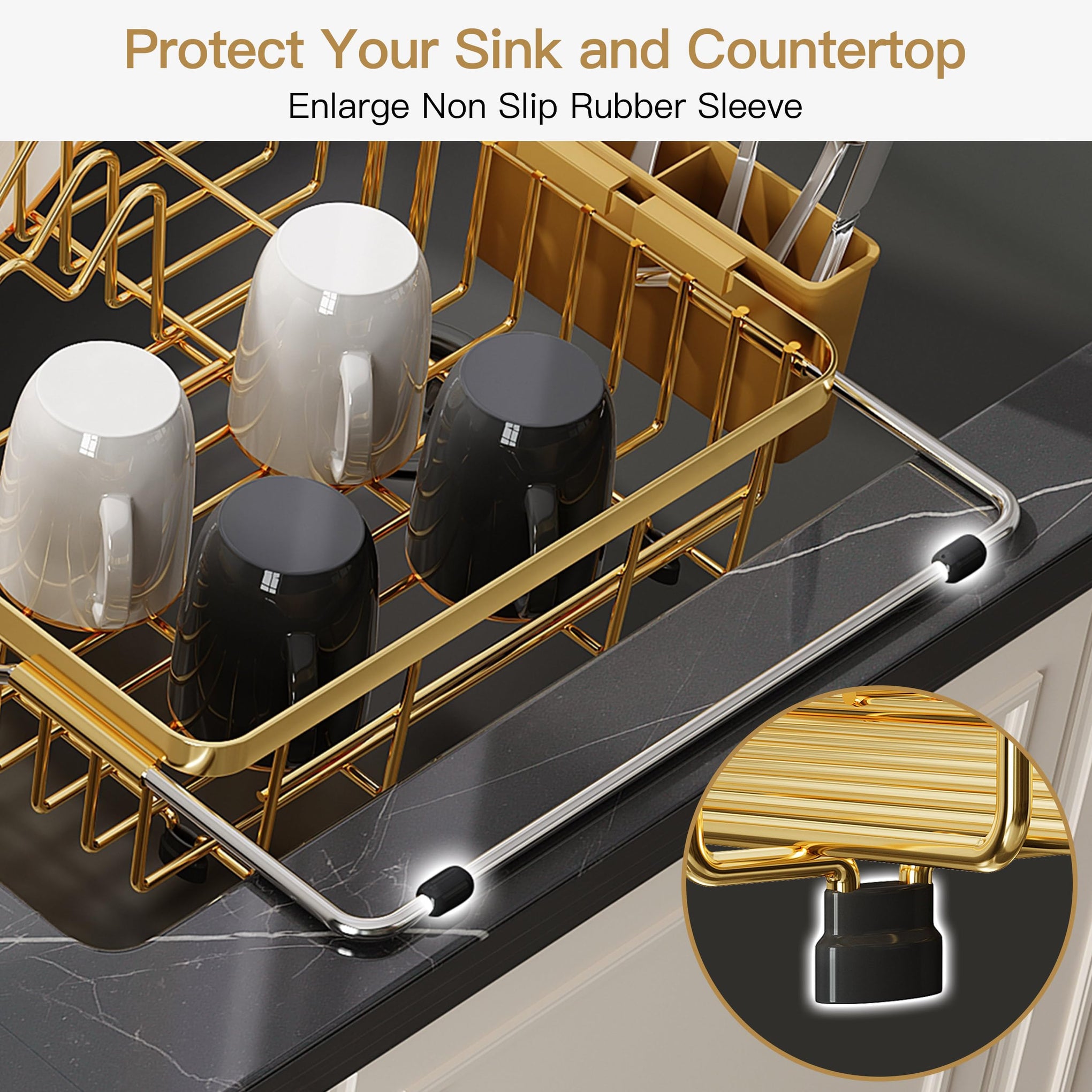 Gold Dish Drying Rack Over the Sink with Utensil Holder
