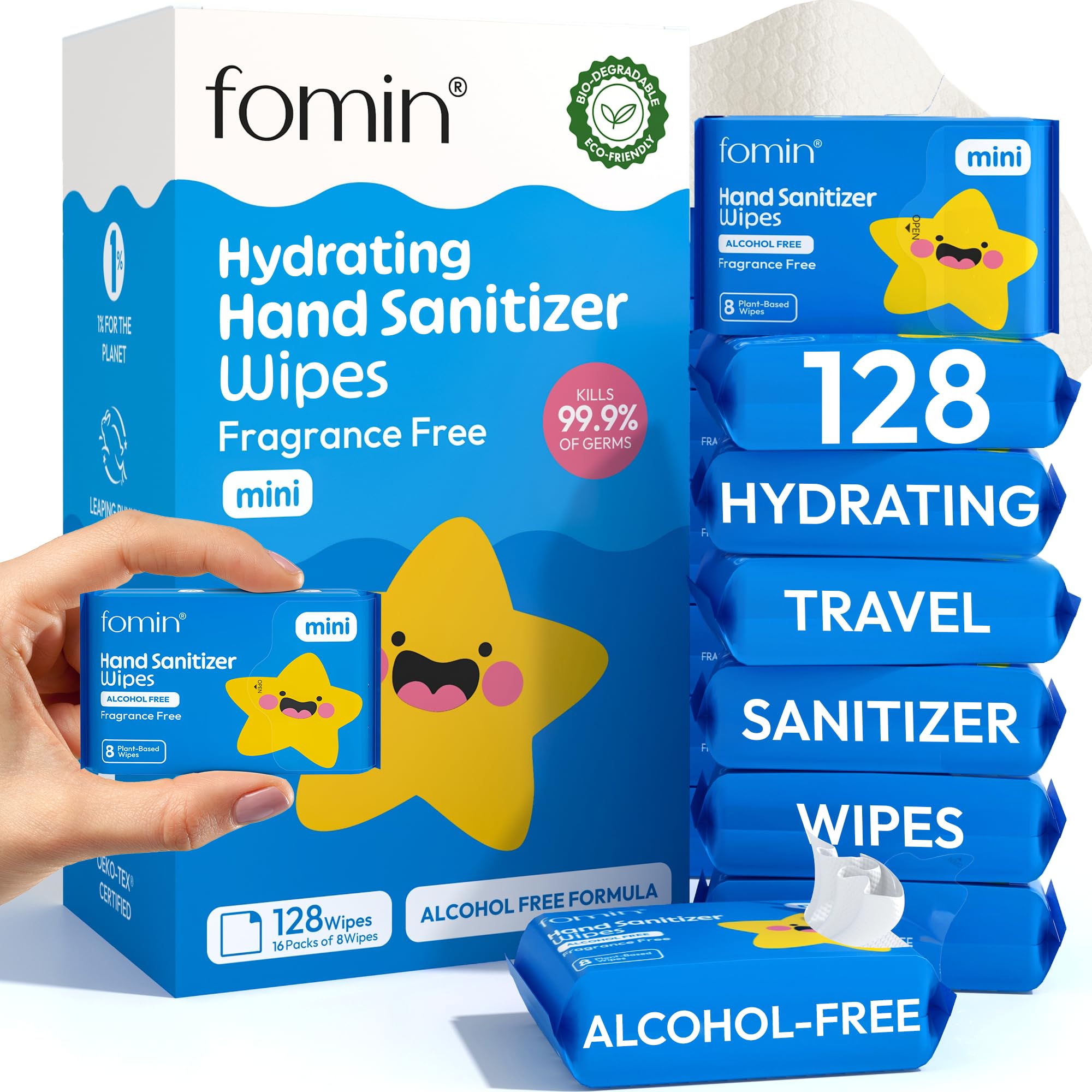 Mini Hand Sanitizer Wipes Travel Size 16 Pack (128 Count)