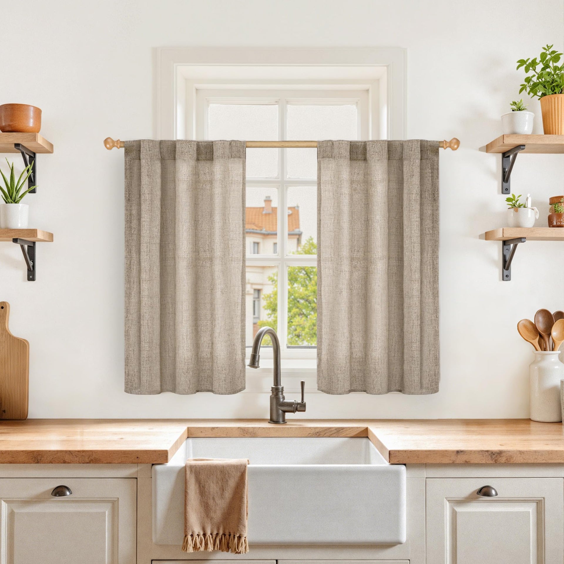 Small Linen Curtains 36 Inch Length for Kitchen Window Over Sink (2 Count)