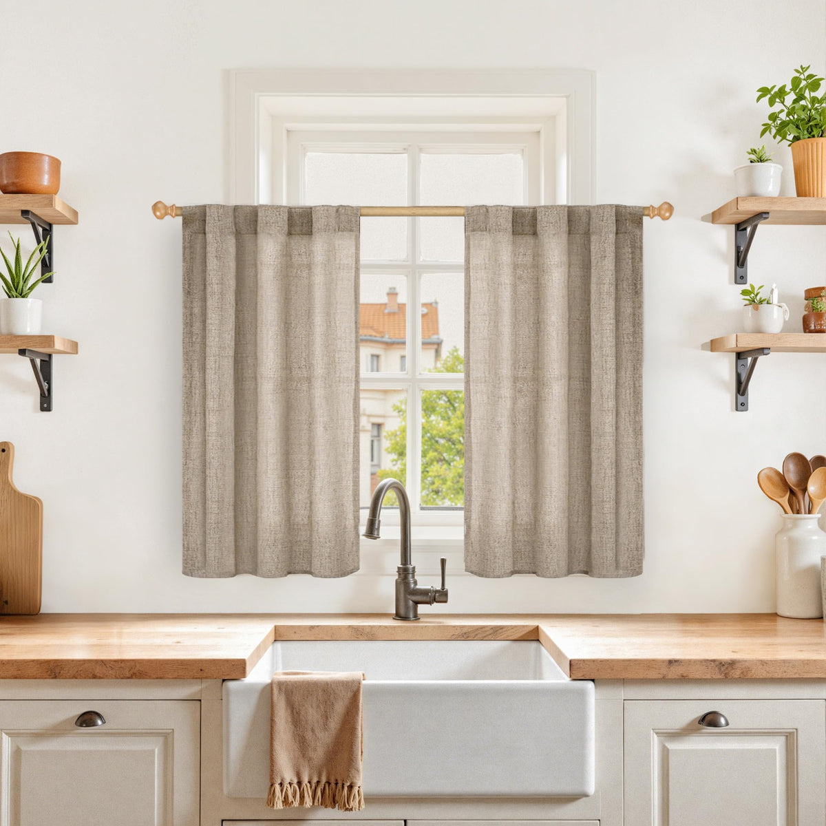 Small Linen Curtains 36 Inch Length for Kitchen Window Over Sink (2 Count)