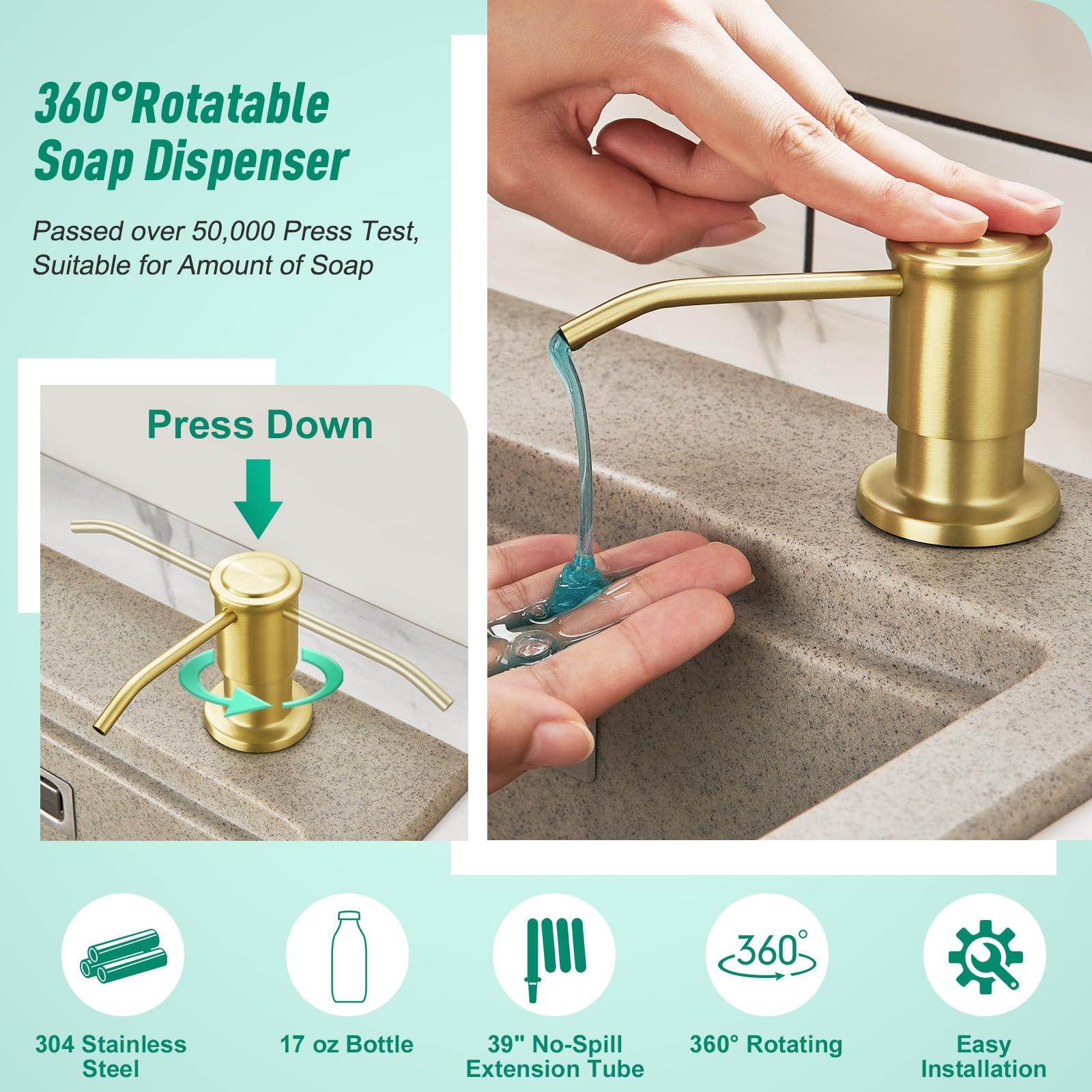 Brushed Gold Kitchen Soap Dispenser Countertop Soap Dispenser for Kitchen Sink