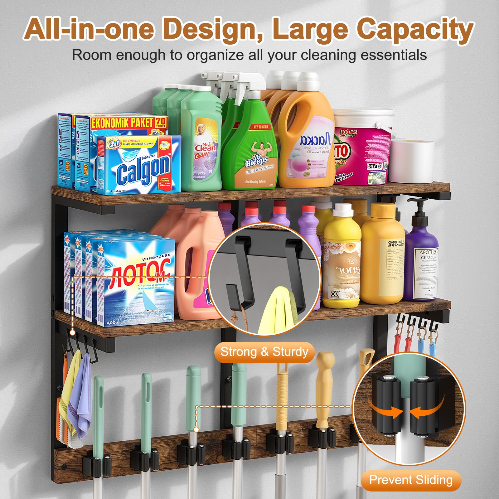 Wall Mount Broom Holder Laundry Room Storage Organizer Shelves