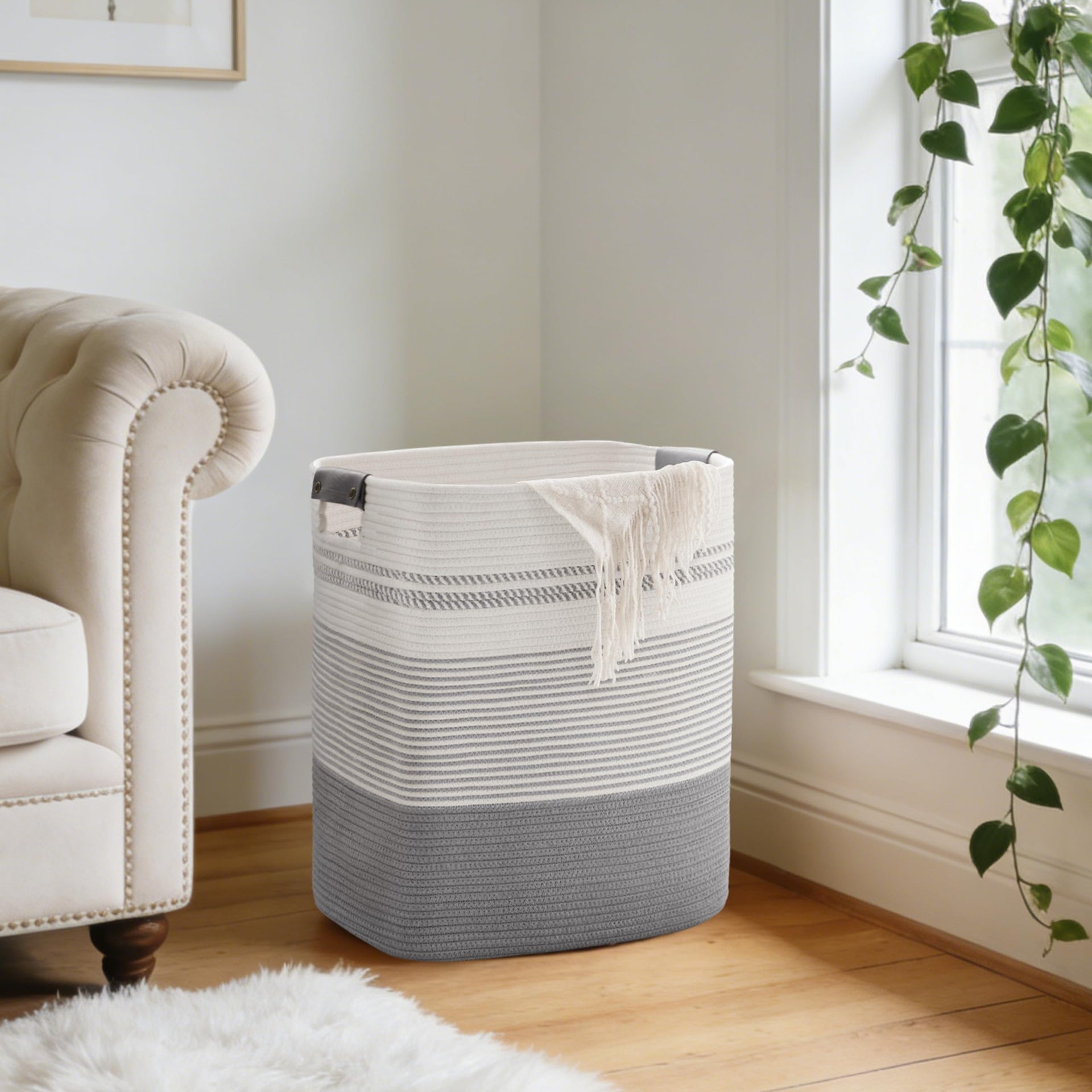85L Tall Woven Laundry Basket Hamper with Leather Handles