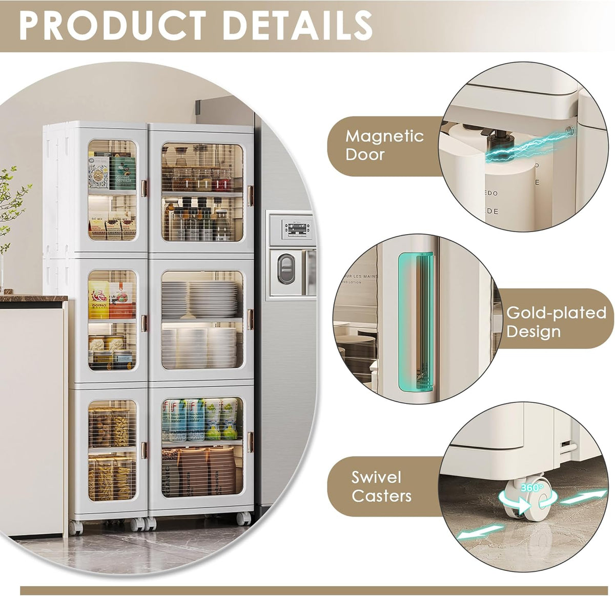 VECELO 4-Tier Tall Narrow Storage Cabinet with Movable Wheels, Adjustable Shelves, Anti-Tip, Slim, for Small Space, Bathroom, Kitchen, Laundry, White