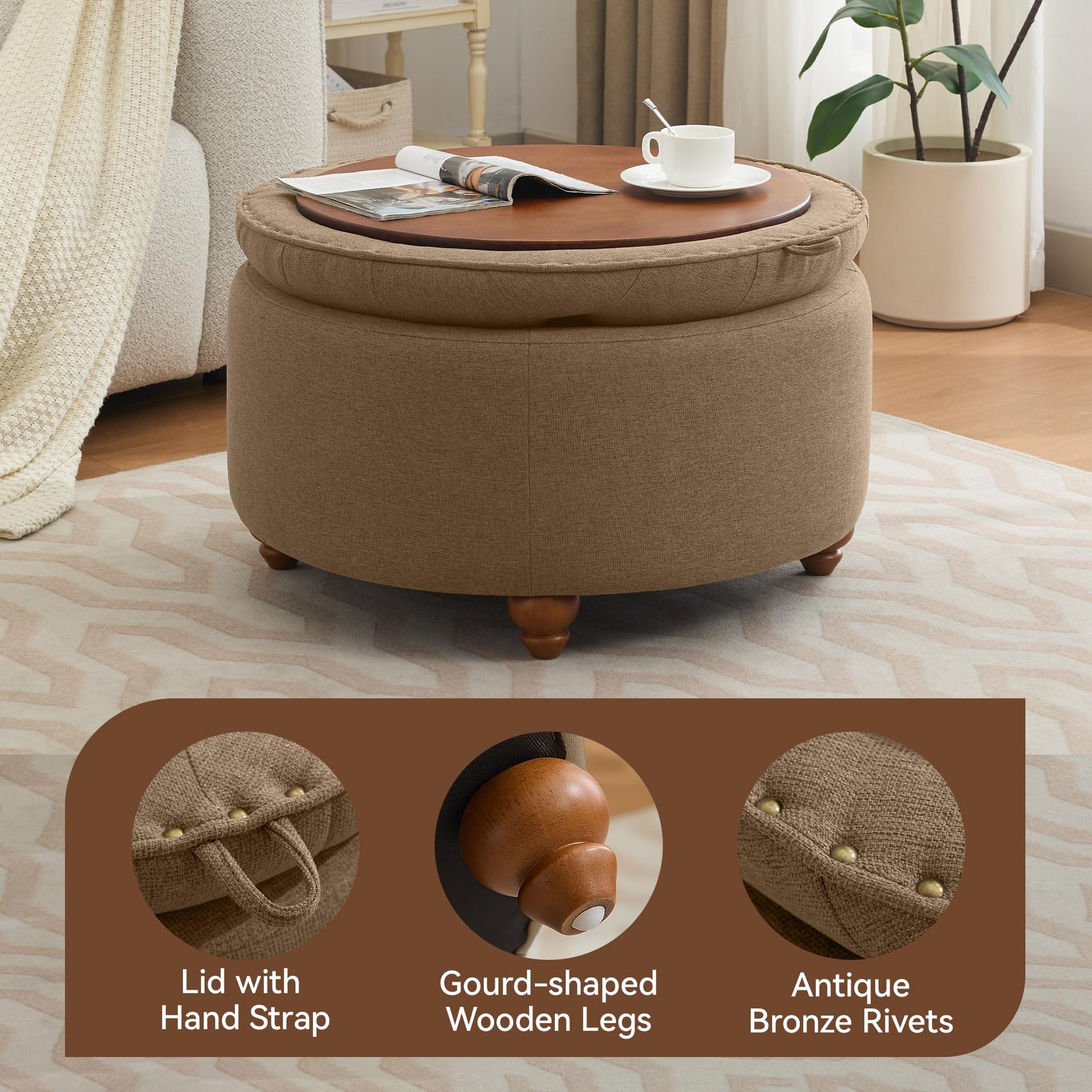 30Inch Round Storage Ottoman with Tray