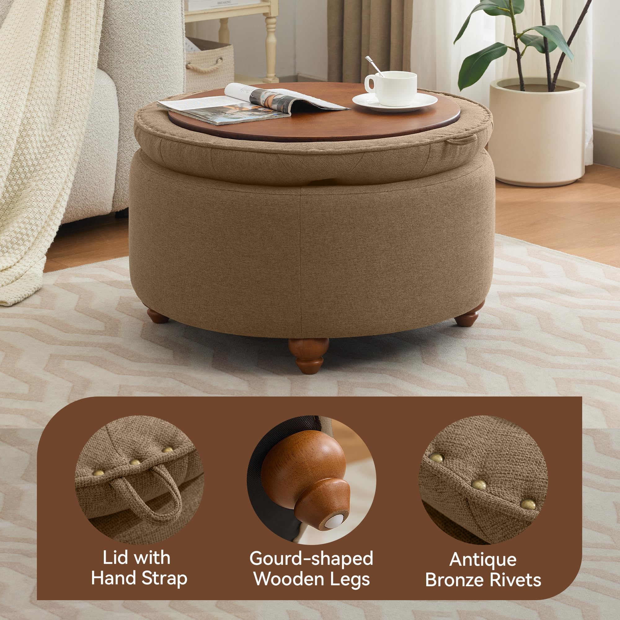 30Inch Round Storage Ottoman with Tray