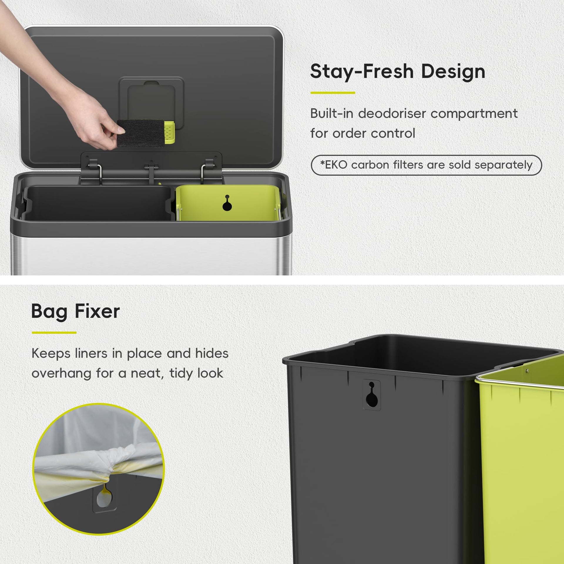 EcoCasa II 36L+24L Dual Trash Can with Recycle Bin