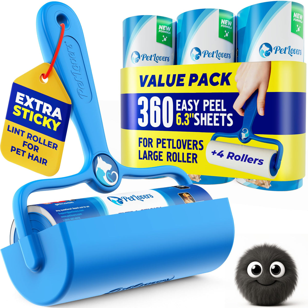 6.3" Large Lint Roller for Pet Hair Extra Sticky 360 Sheets