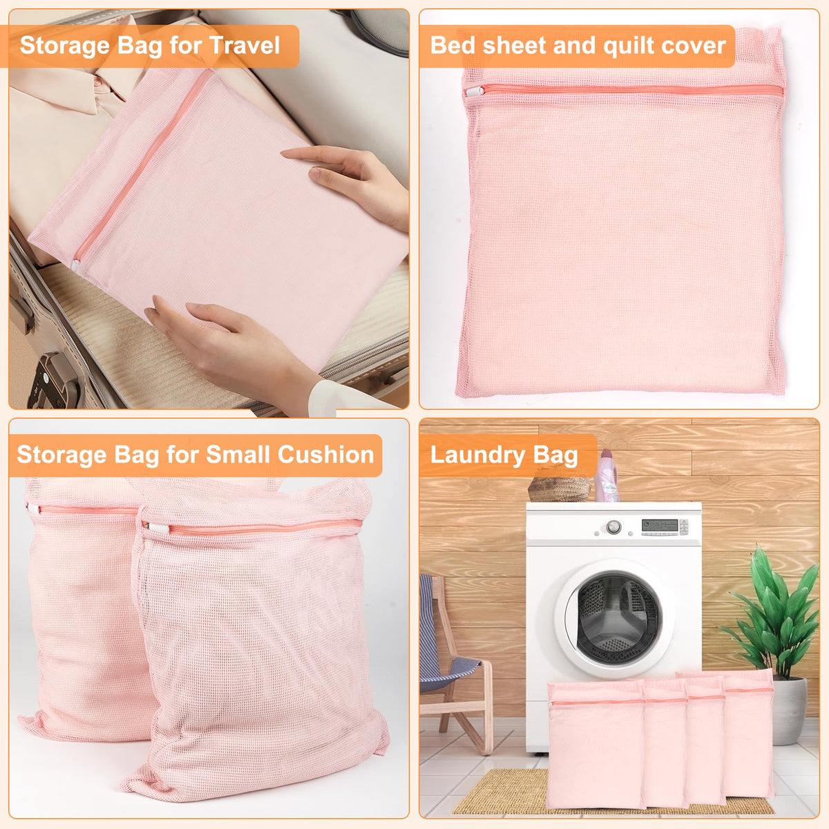 4 Piece Pink Large Durable Organic Cotton Mesh Laundry Bags with Sturdy Zippers and Breathable Mesh are Delicate Laundry Bags for Underwear