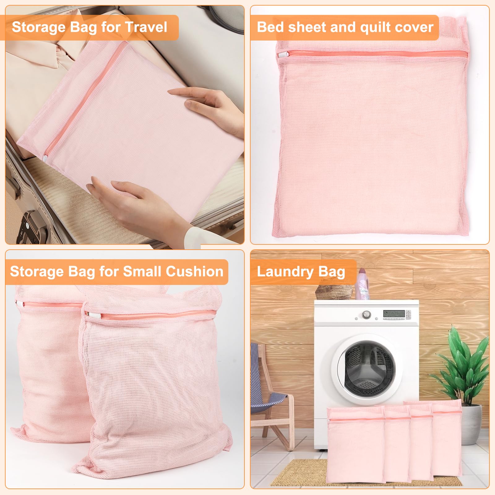 4 Piece Pink Large Durable Organic Cotton Mesh Laundry Bags with Sturdy Zippers and Breathable Mesh are Delicate Laundry Bags for Underwear