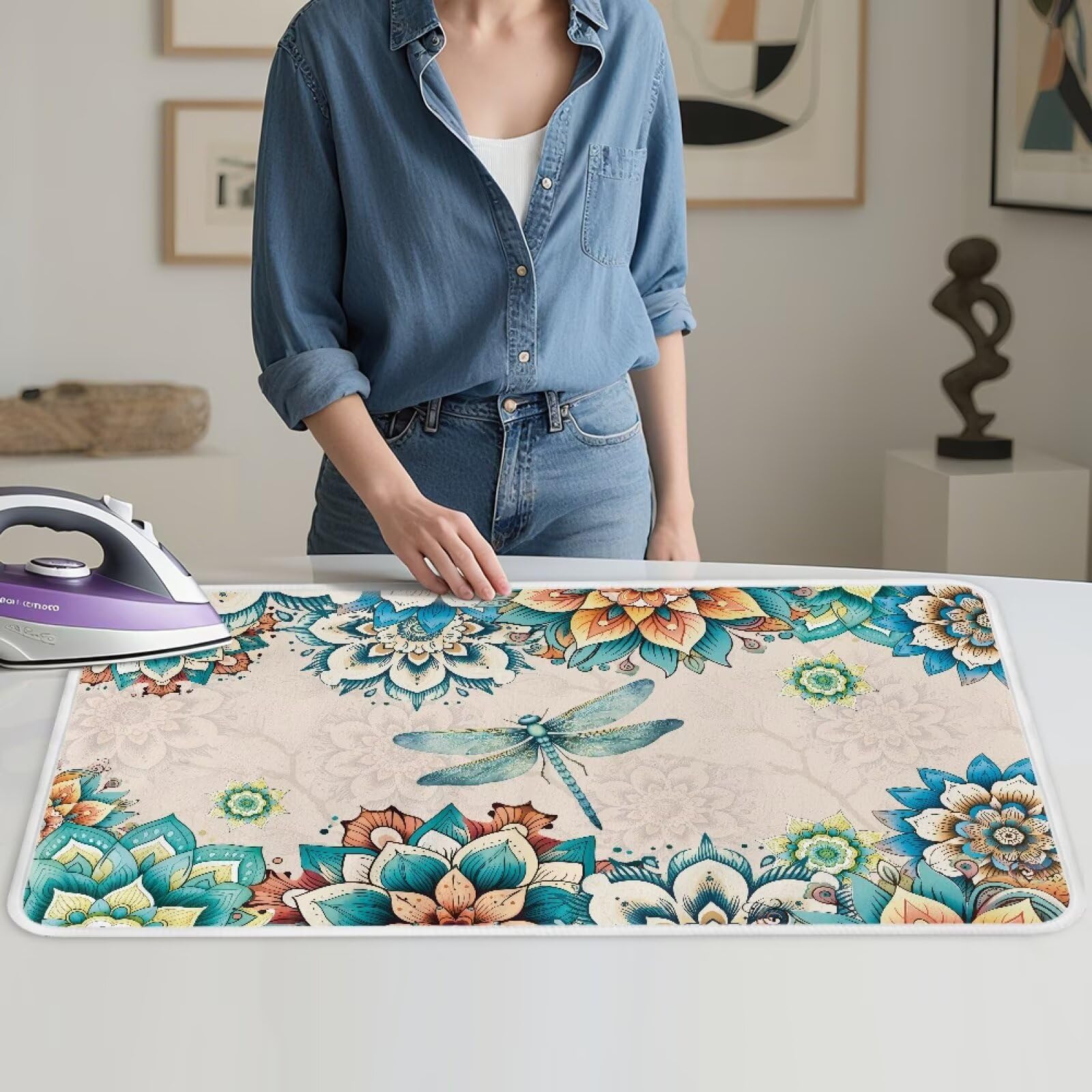 Bohemian Folding Ironing Mat Heat and Steam Resistant Dragonfly Ironing Pad 32 x 16 Inch Foldable Iron Mat for Table Top Washer