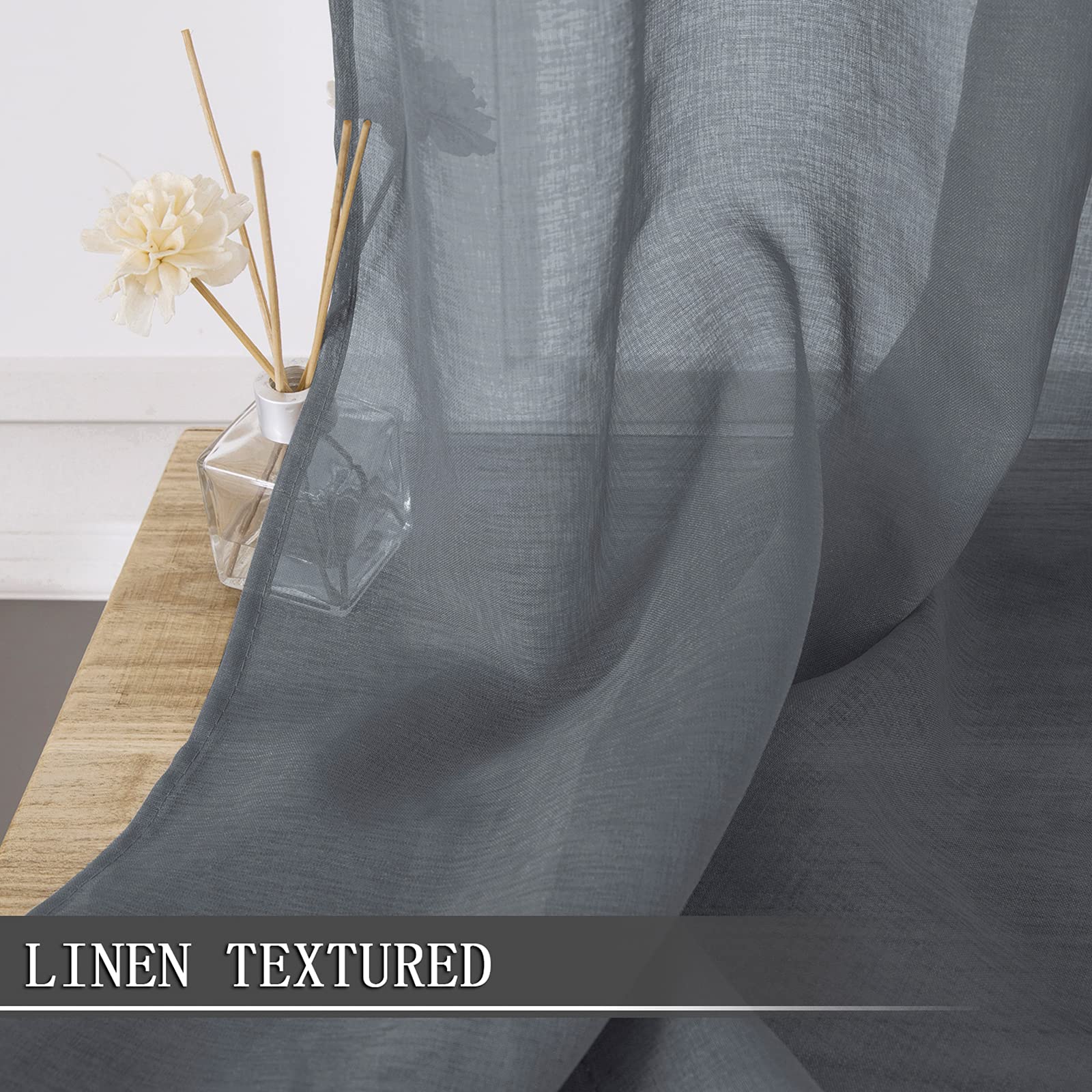 Sheer Curtains Linen Textured Bedroom Curtain Sheers Light Filtering Rod Pocket Voile Curtains for Living Room (2 Count)