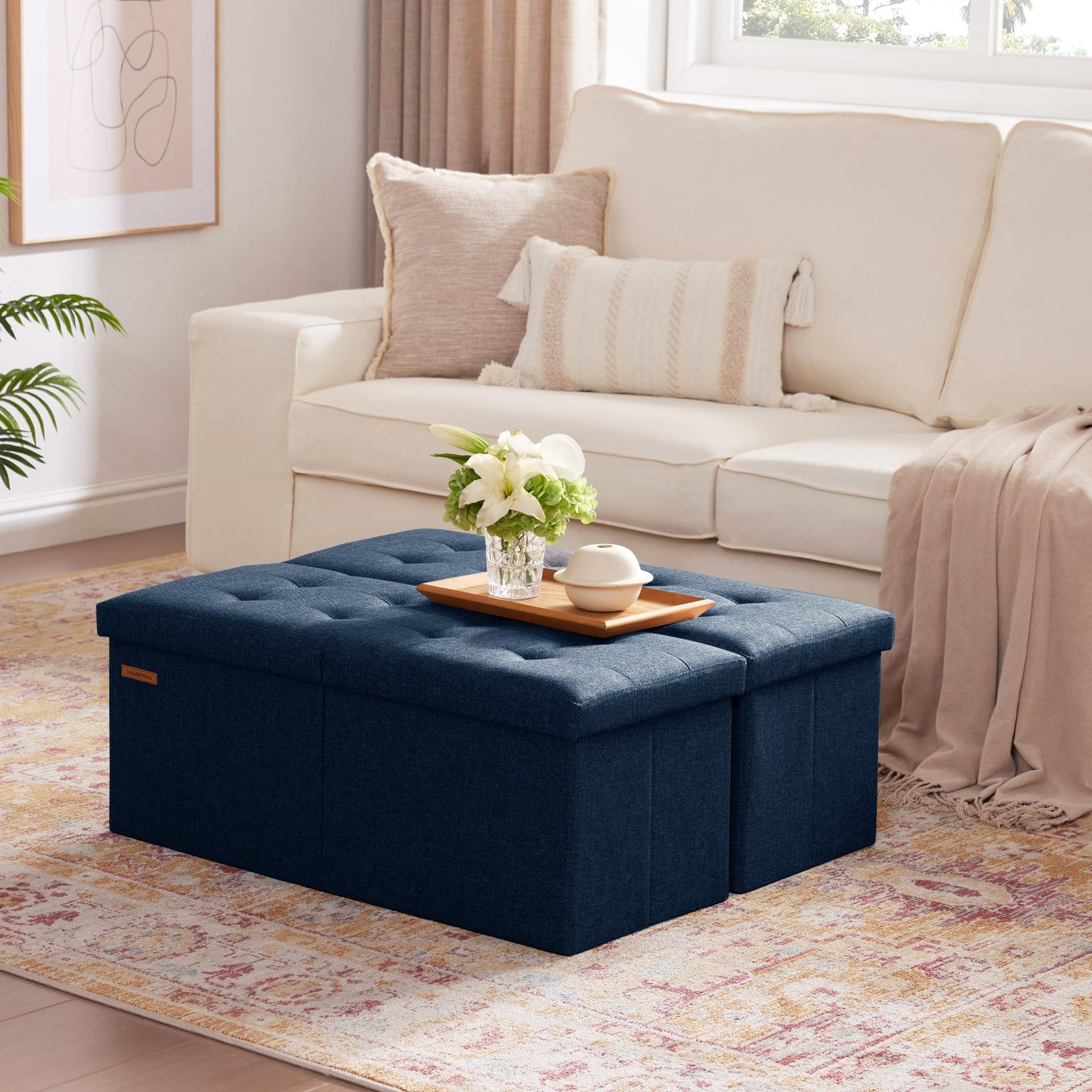 Ottoman with Storage Bench Folding Foot Rest Stool Linen Navy
