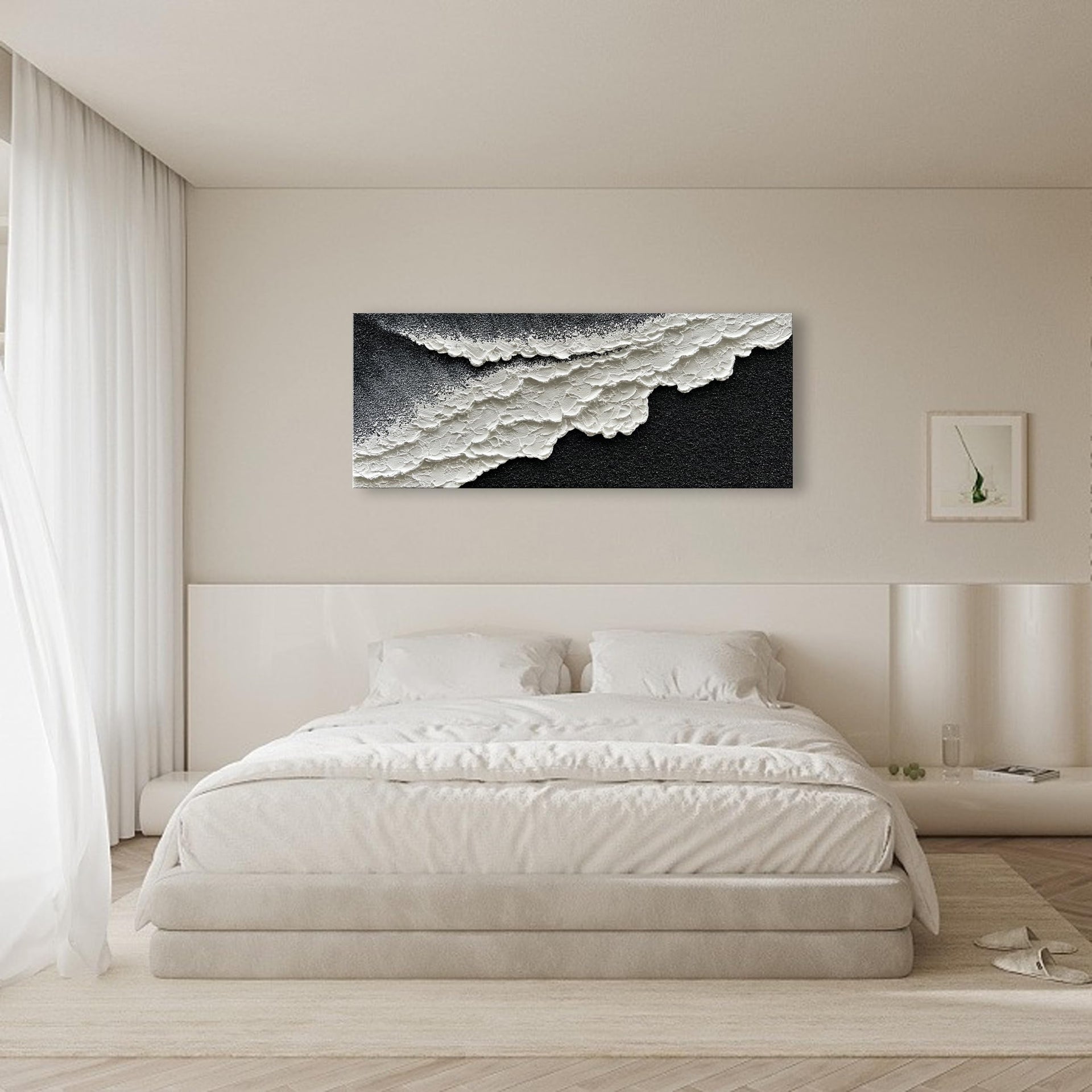 Hand Painted 3D Beach Wave Landscape Oil Painting Black and White Abstract Canvas Art Mural Family Wall Art Deco 24x60 inches