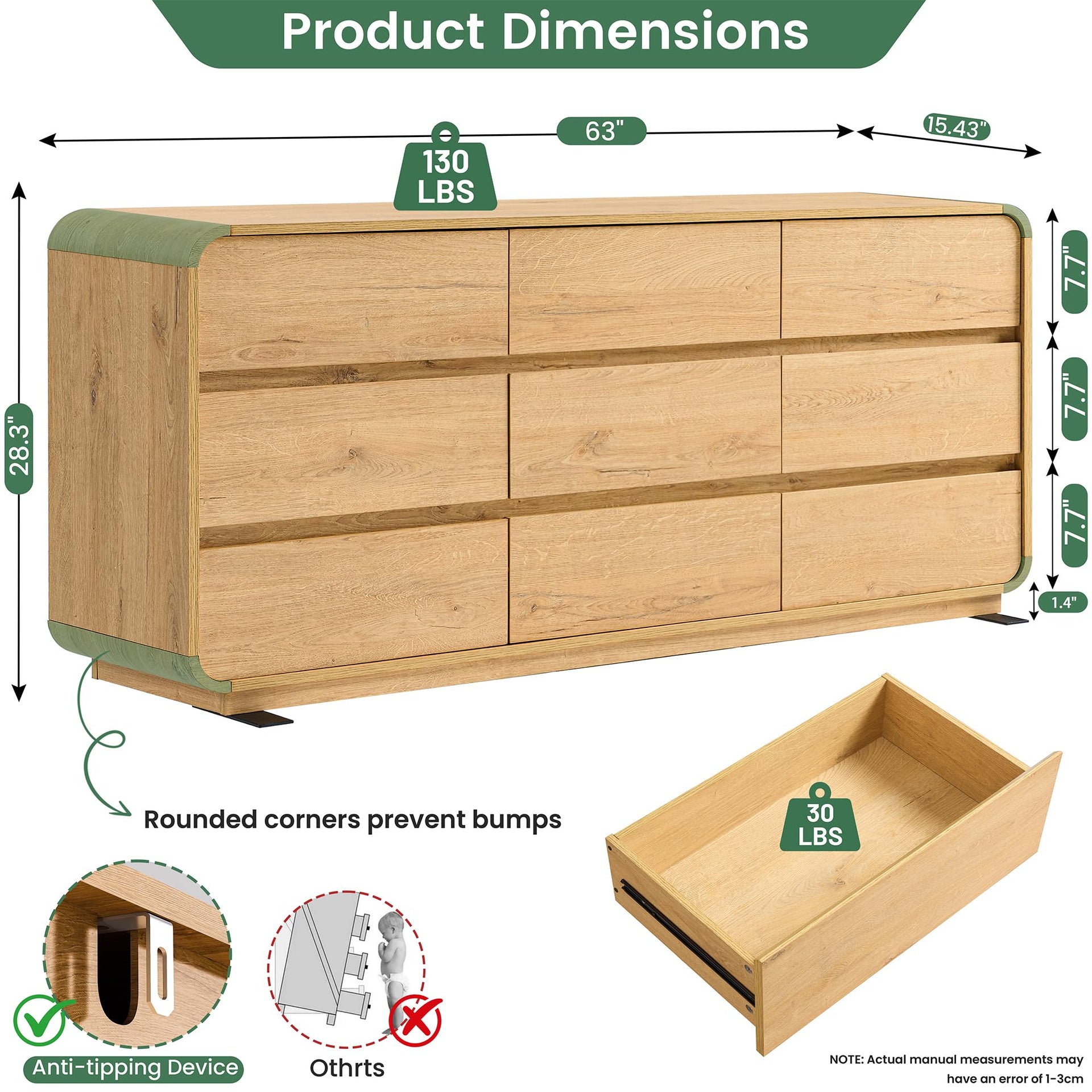 Natural Dresser for Bedroom with 9 Drawers