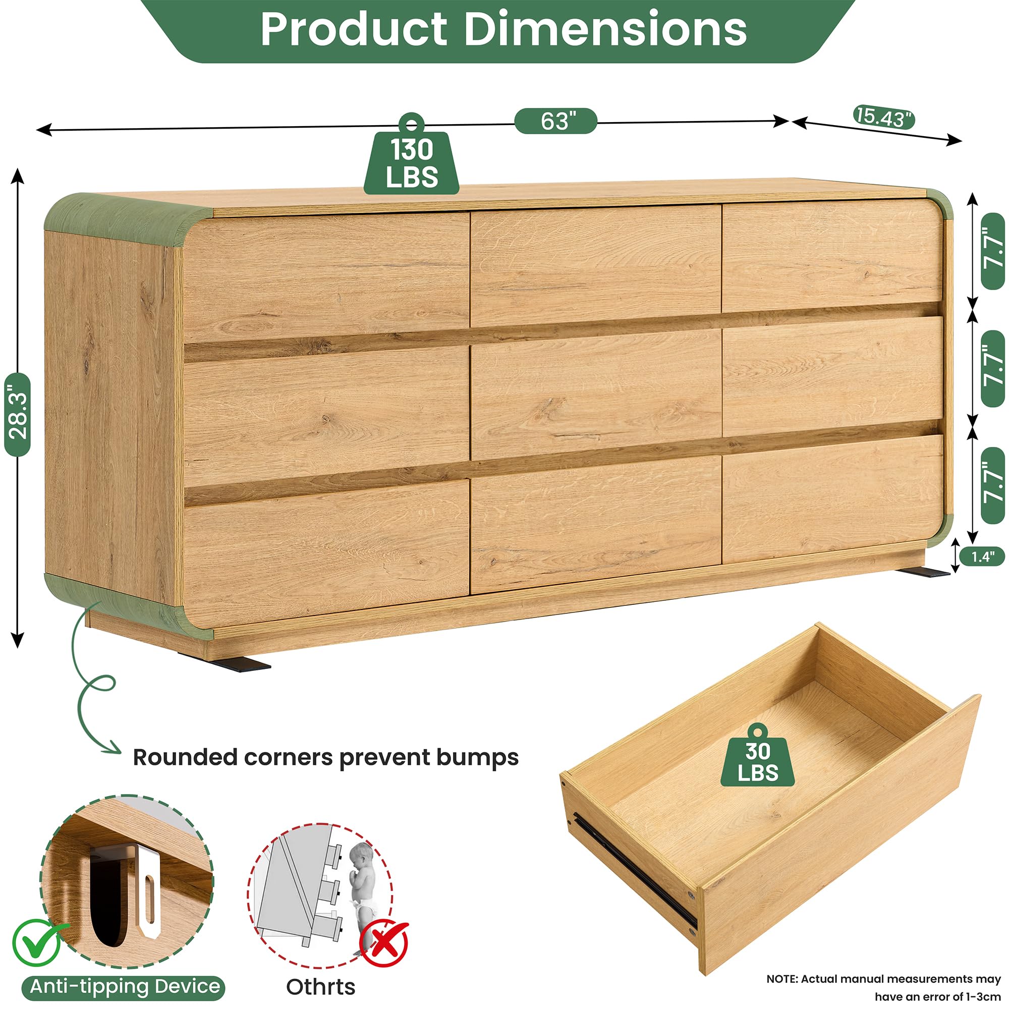 Natural Dresser for Bedroom with 9 Drawers