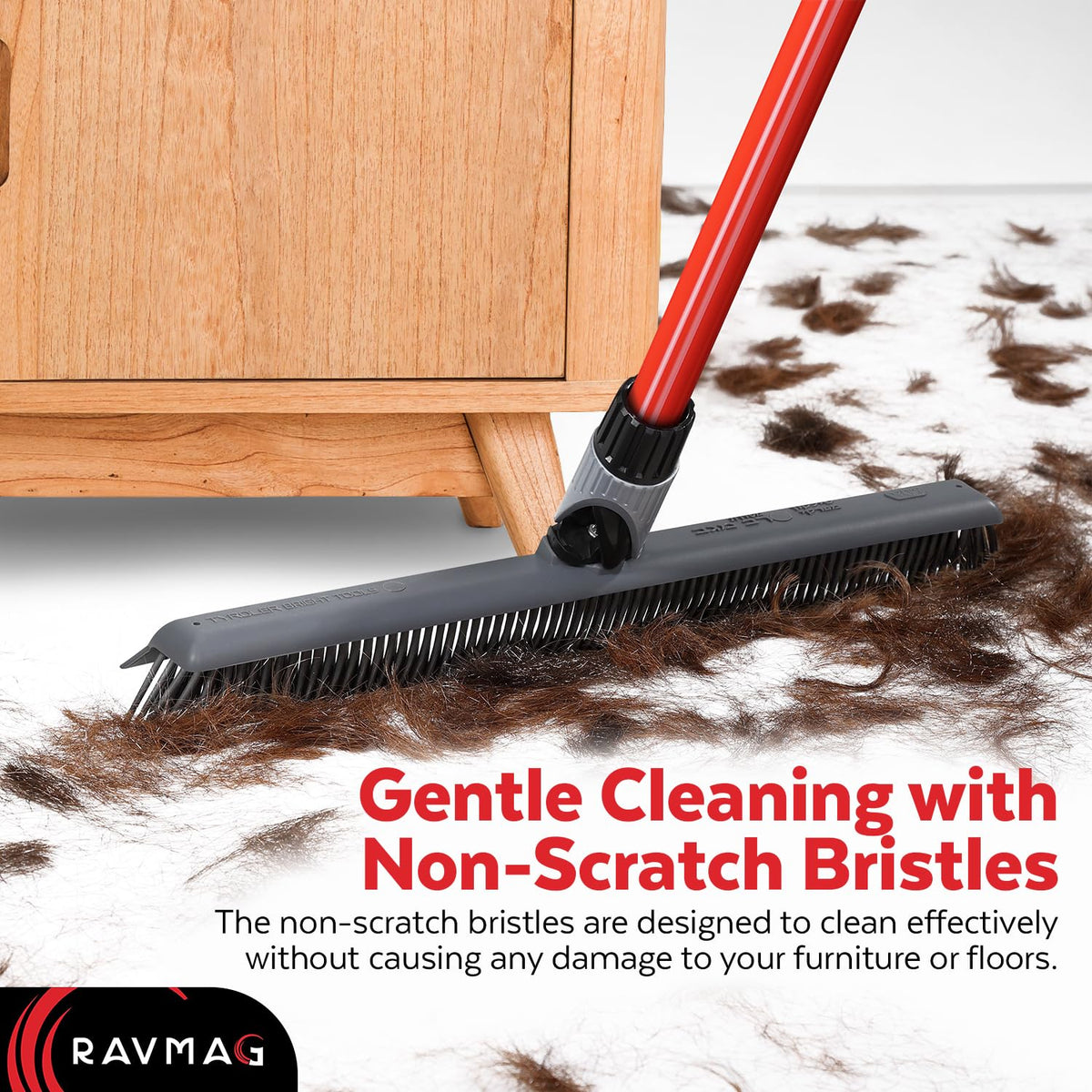 2-in-1 Silicone Rubber Broom Carpet Rake and Squeegee - Swivel Pet Hair Removal Broom - 4 Piece Handle - Slanted Side Bristles for Corners - Multipurpose Rubber Broom for Carpet, Hardwood Floor, Tile