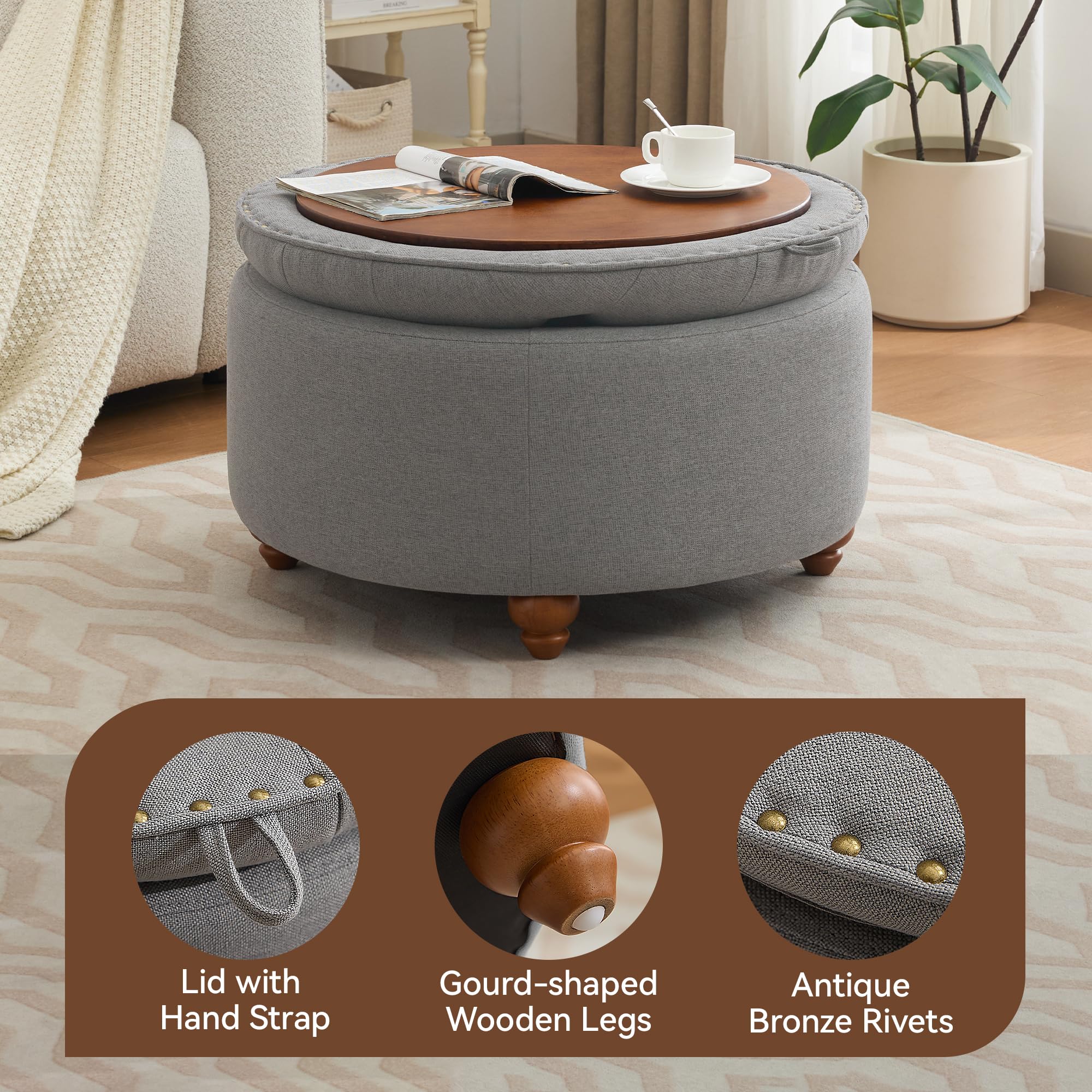 30Inch Round Storage Ottoman with Tray