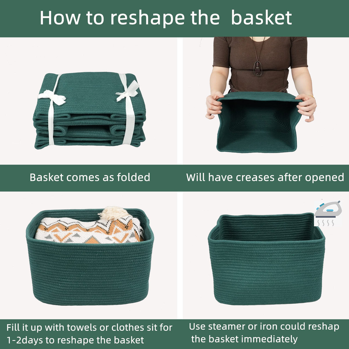 Woven Cotton Rope Storage Baskets 15x10x9.3" 3 Pack Dark Green