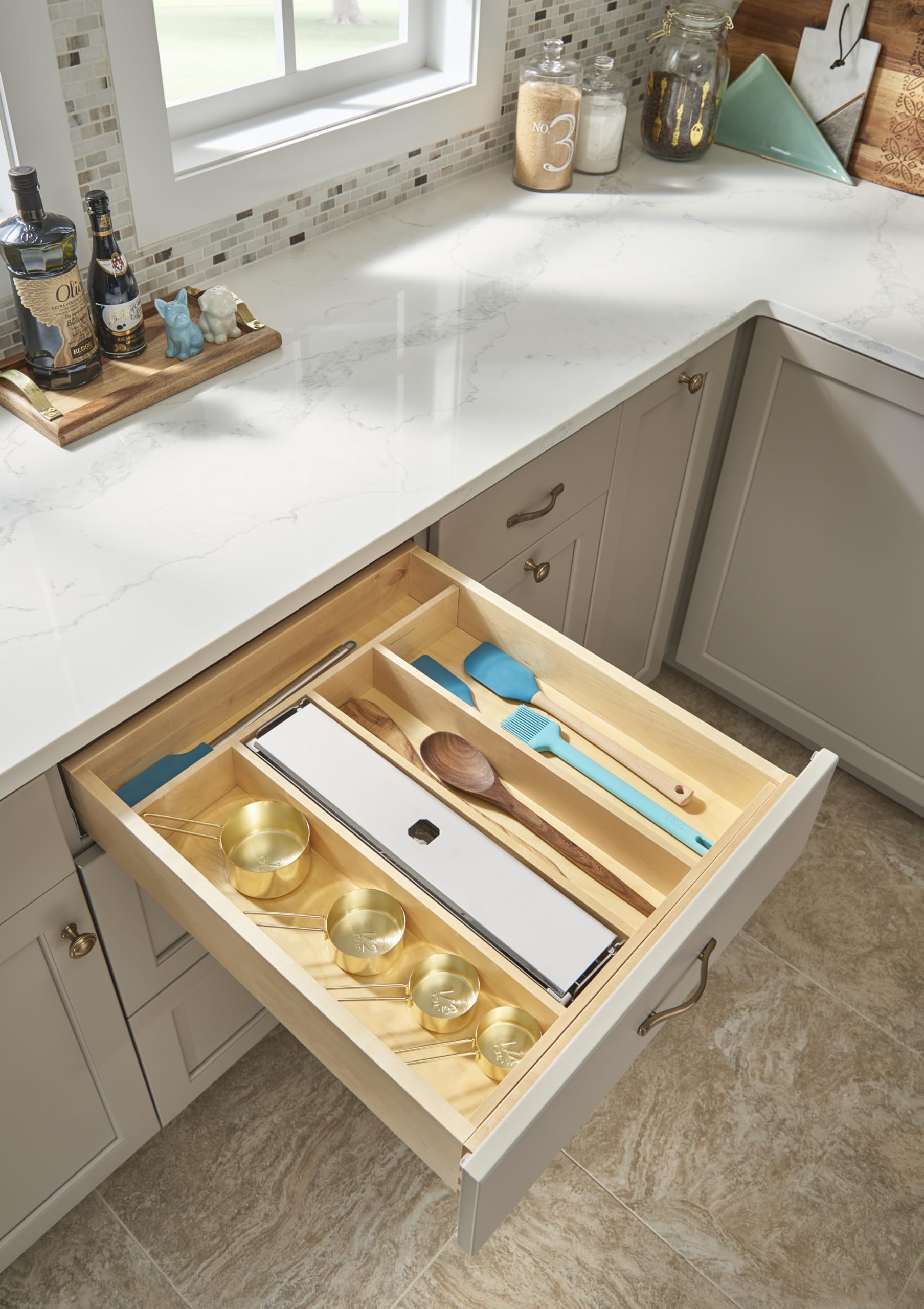 Trim-to-Custom-Fit Silverware Drawer Organizer For Kitchen Utensils, Cutlery Cabinet Storage Divider Insert, 18.5 x 22 In, Maple Wood, 4WUT-1SH