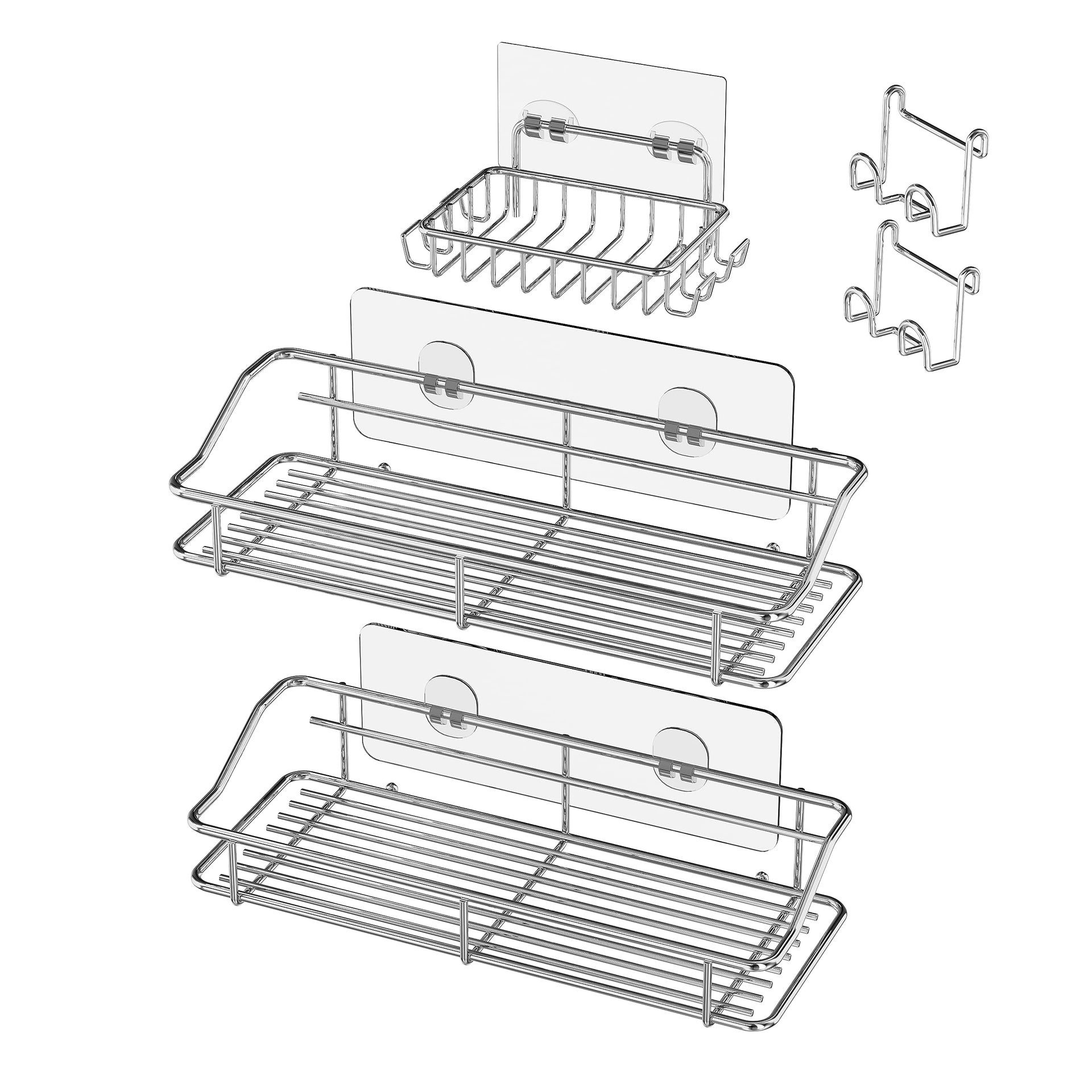Shower Caddy Shelf with Hooks Storage Rack Organizer Adhesive Stainless Steel without Drilling for Bathroom (3 Count)