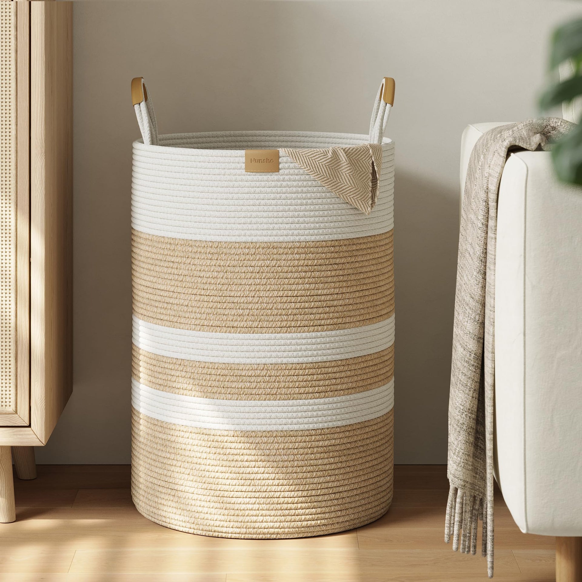 95L Striped Laundry Hamper with Leather Handles