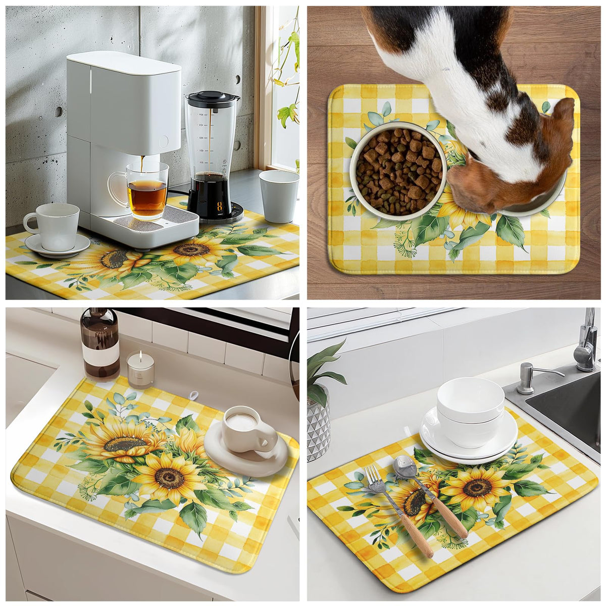 Sunflower Dish Drying Mat 18x24 Inch Absorbent Reversible Summer Sunflower Drying Mat Summer Plaid Dish Drying Rack Mat Yellow Summer Themed Dish Drainer Mat for Kitchen Counter Coffee Bar