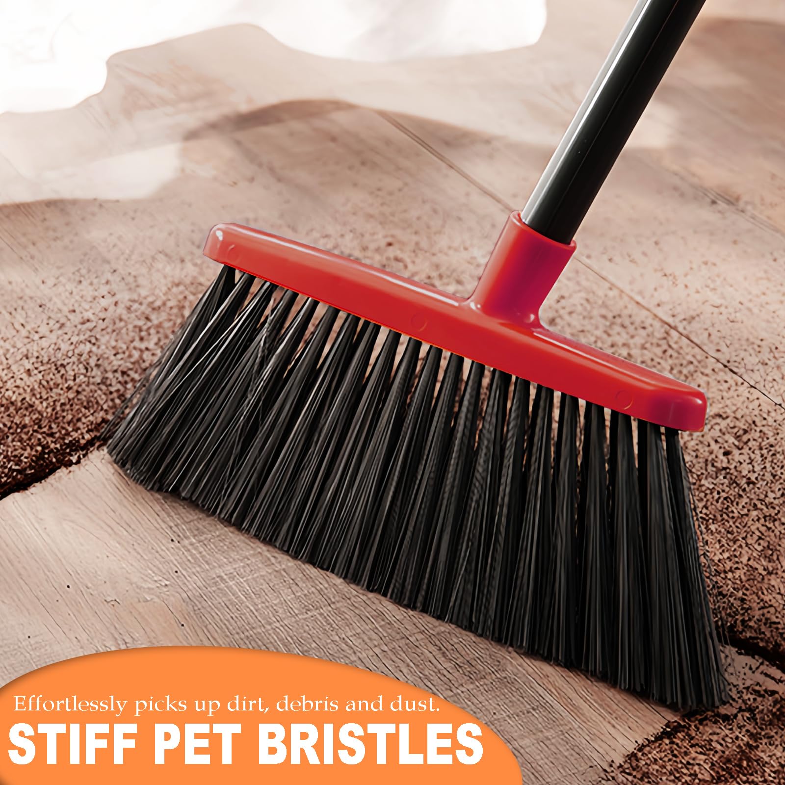 Small Broom Stiff Bristles Brush with Long Handle Indoor or Outdoor Compact Broom for Sweeping Patio Garage Garden